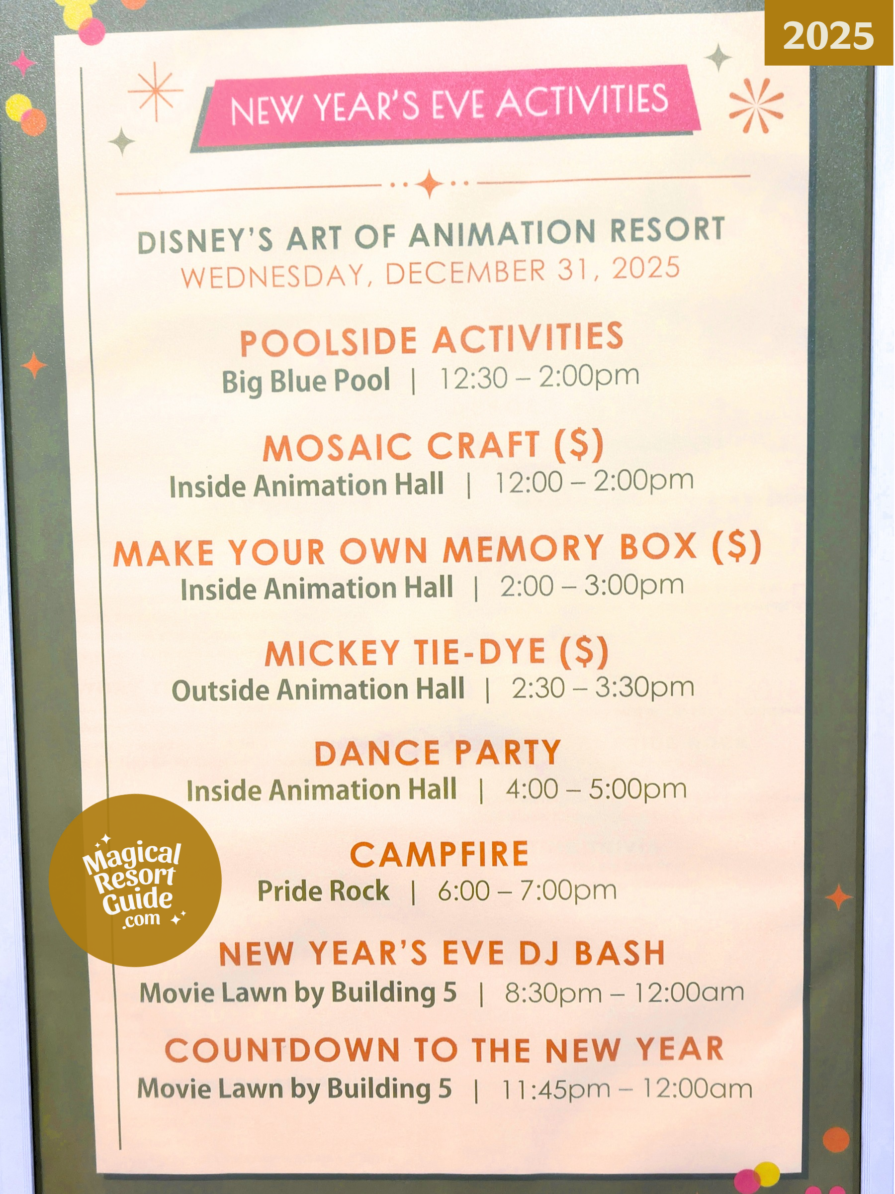 Disney's Art of Animation Resort New Year's Eve NYE Activities Activity Calendar 2025