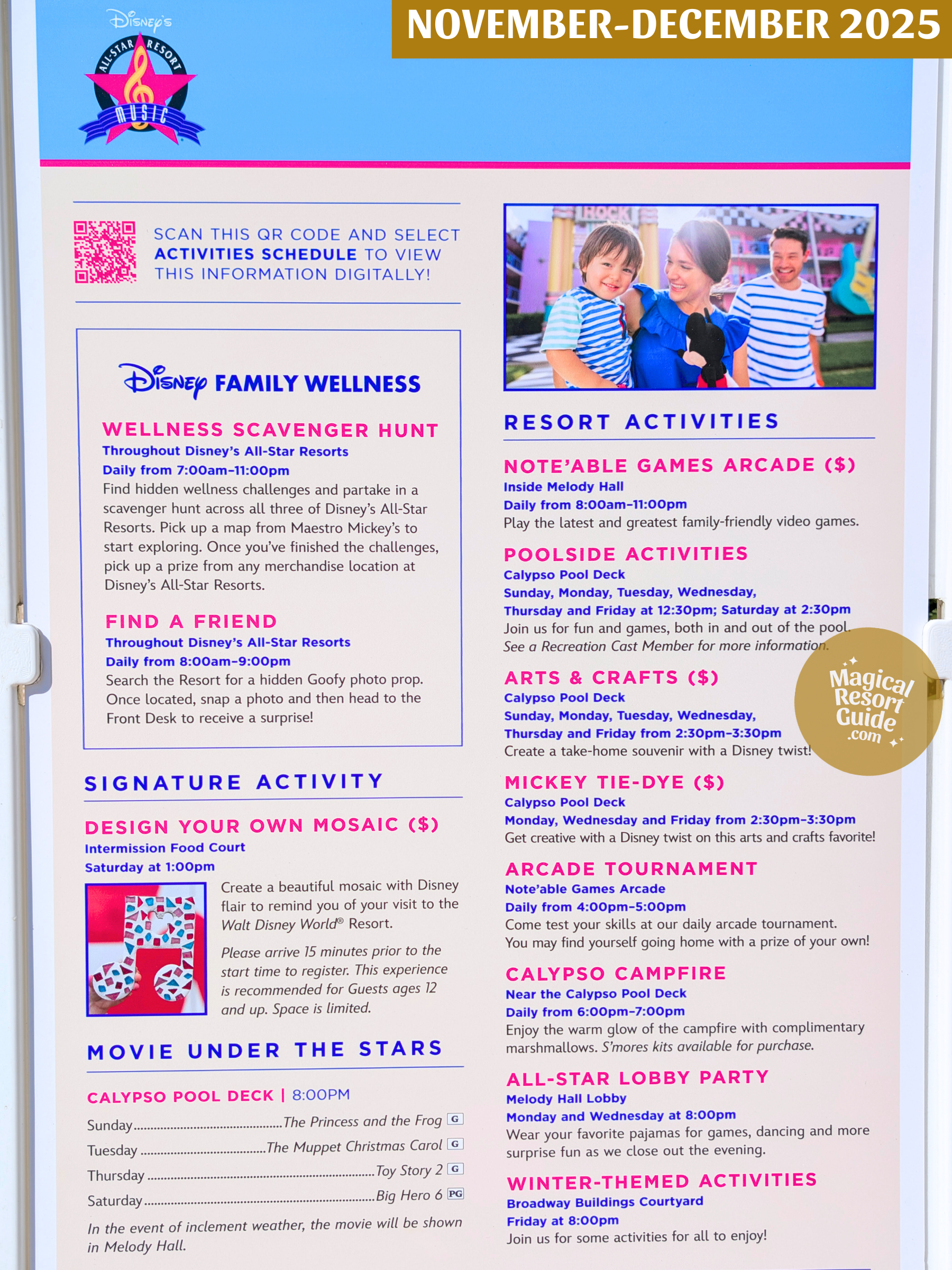 Disney's All-Star Music Resort Activity Calendar Recreation Activities November December 2025