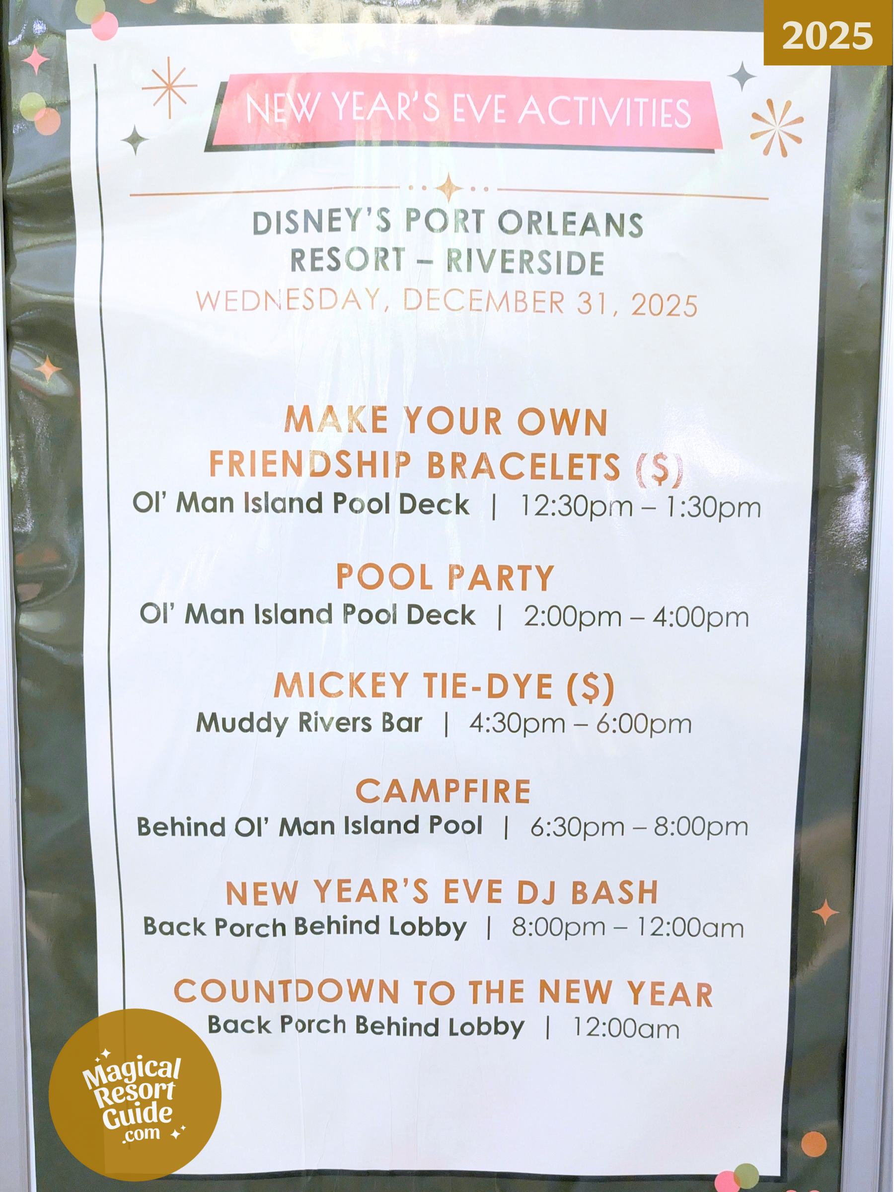 Disney's Port Orleans - Riverside Resort Holiday Activities Activity Calendar New Year's Eve NYE 2025