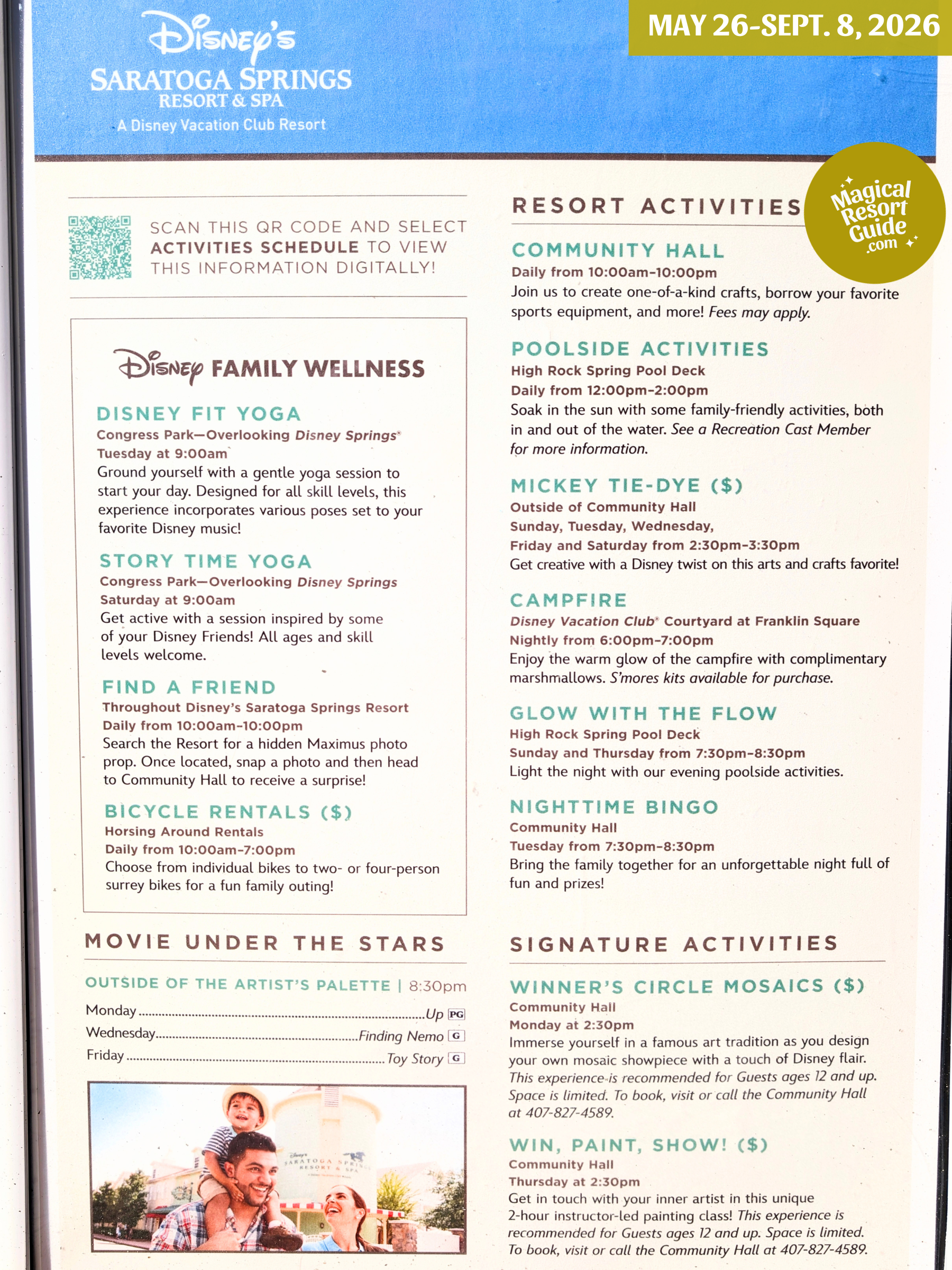 Disney's Saratoga Springs Resort Activities Activity Calendar Schedule Recreation May June July August September 2026