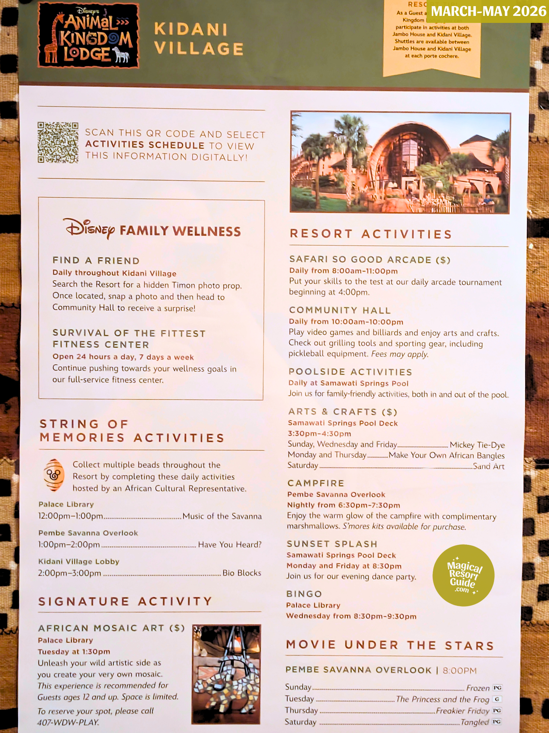 Disney Animal Kingdom Lodge Kidani Village Resort Activity Calendar Recreation Activities March April May 2026