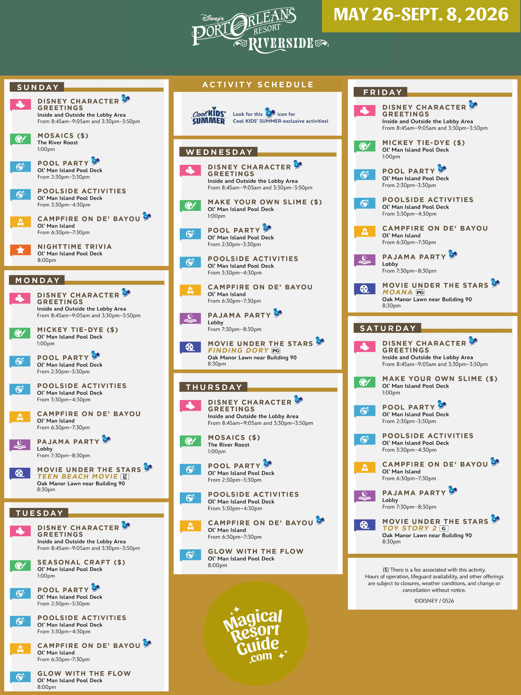 Disney's Port Orleans Riverside Resort Activity Calendar Recreation Activities May June July August September Cool Kids Summer 2026
