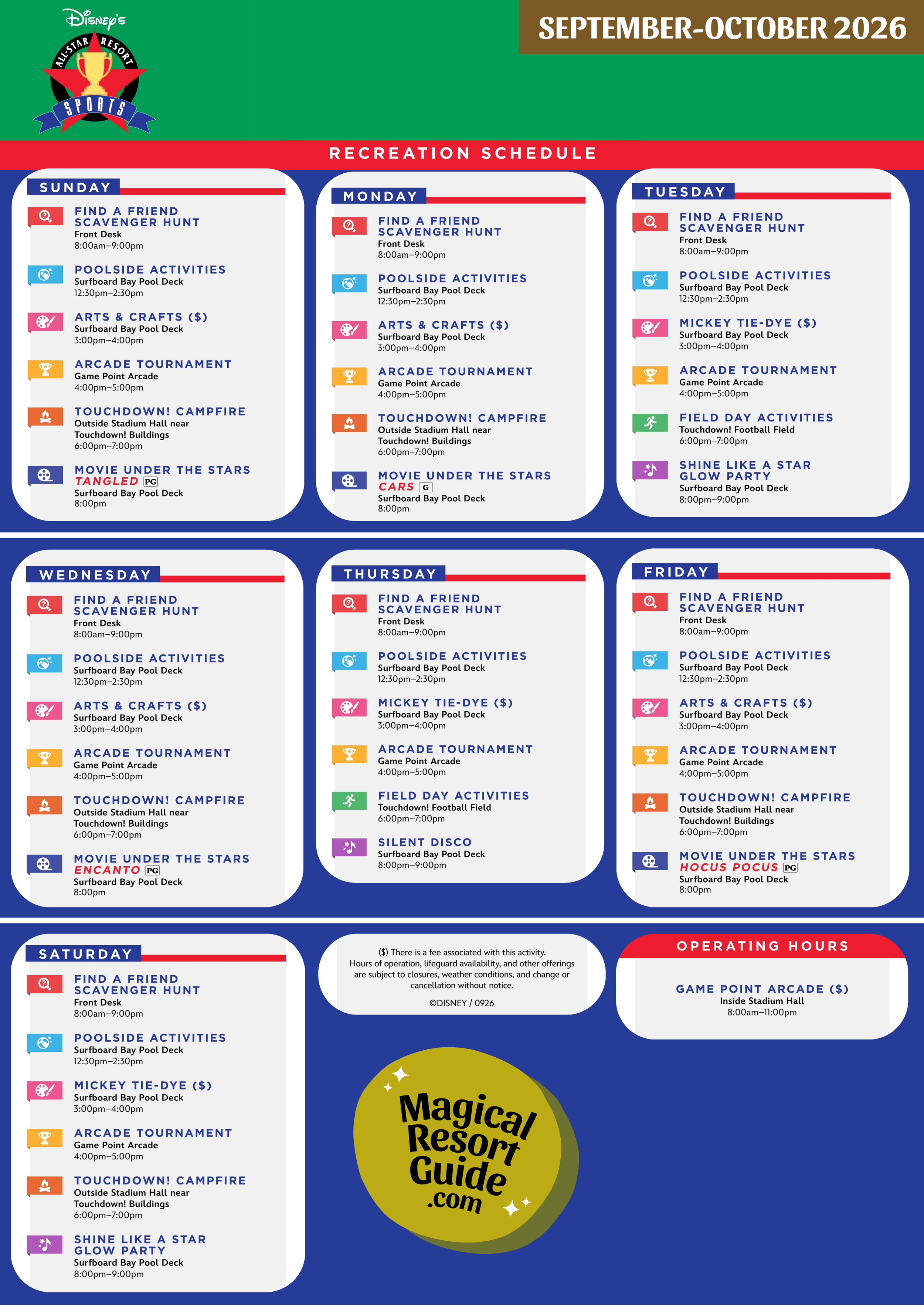 Disney's All-Star Sports Resort Activity Calendar Recreation Activities September October 2026