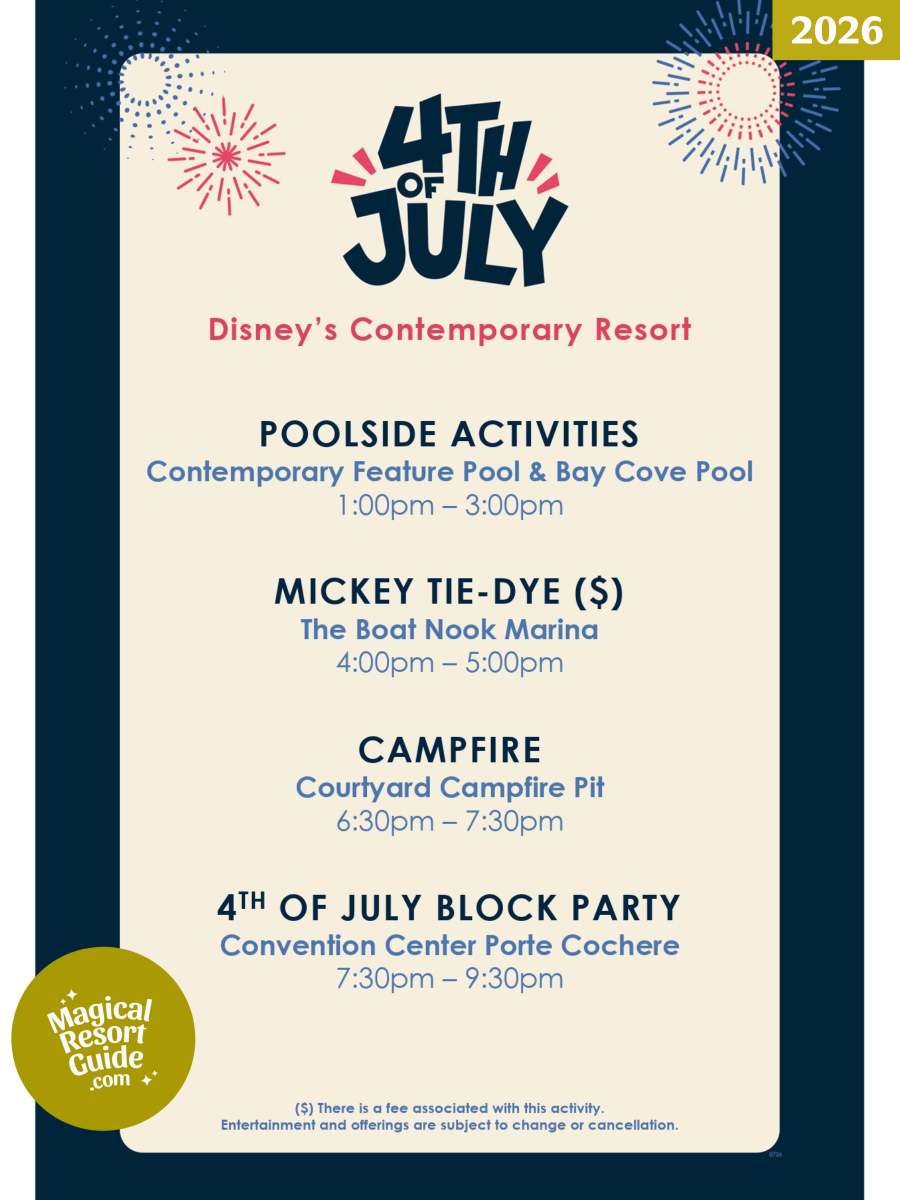 Disney's Contemporary Resort Holiday Activities Activity Calendar July 4 2026