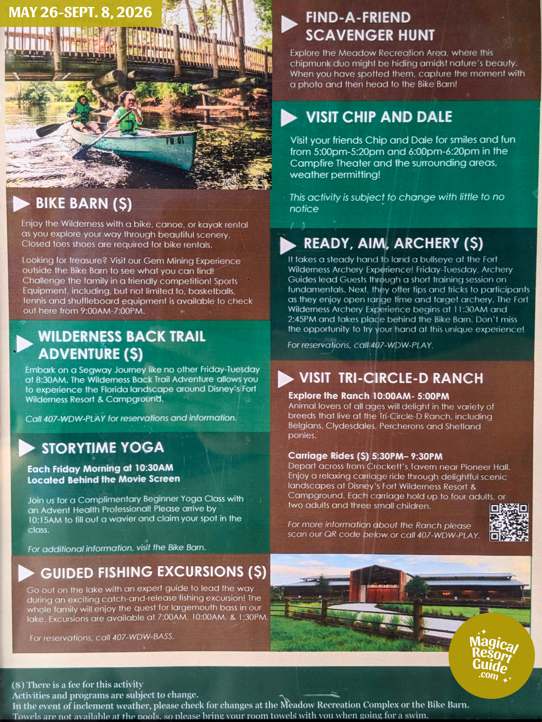 Disney's Fort Wilderness Resort Campground Activity Calendar Activities Schedule Recreation Movie May June July August September 2026
