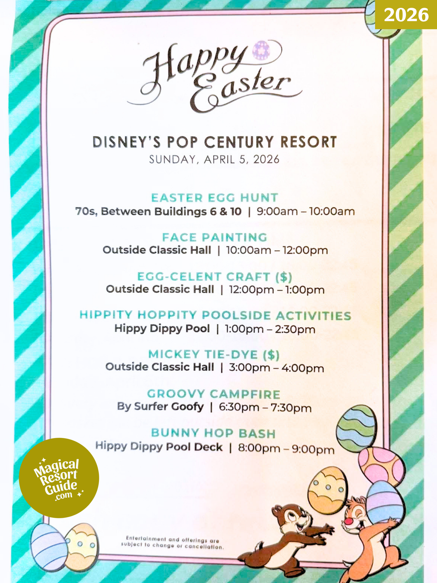 Disney's Pop Century Resort Holiday Activities Activity Calendar Easter 2026