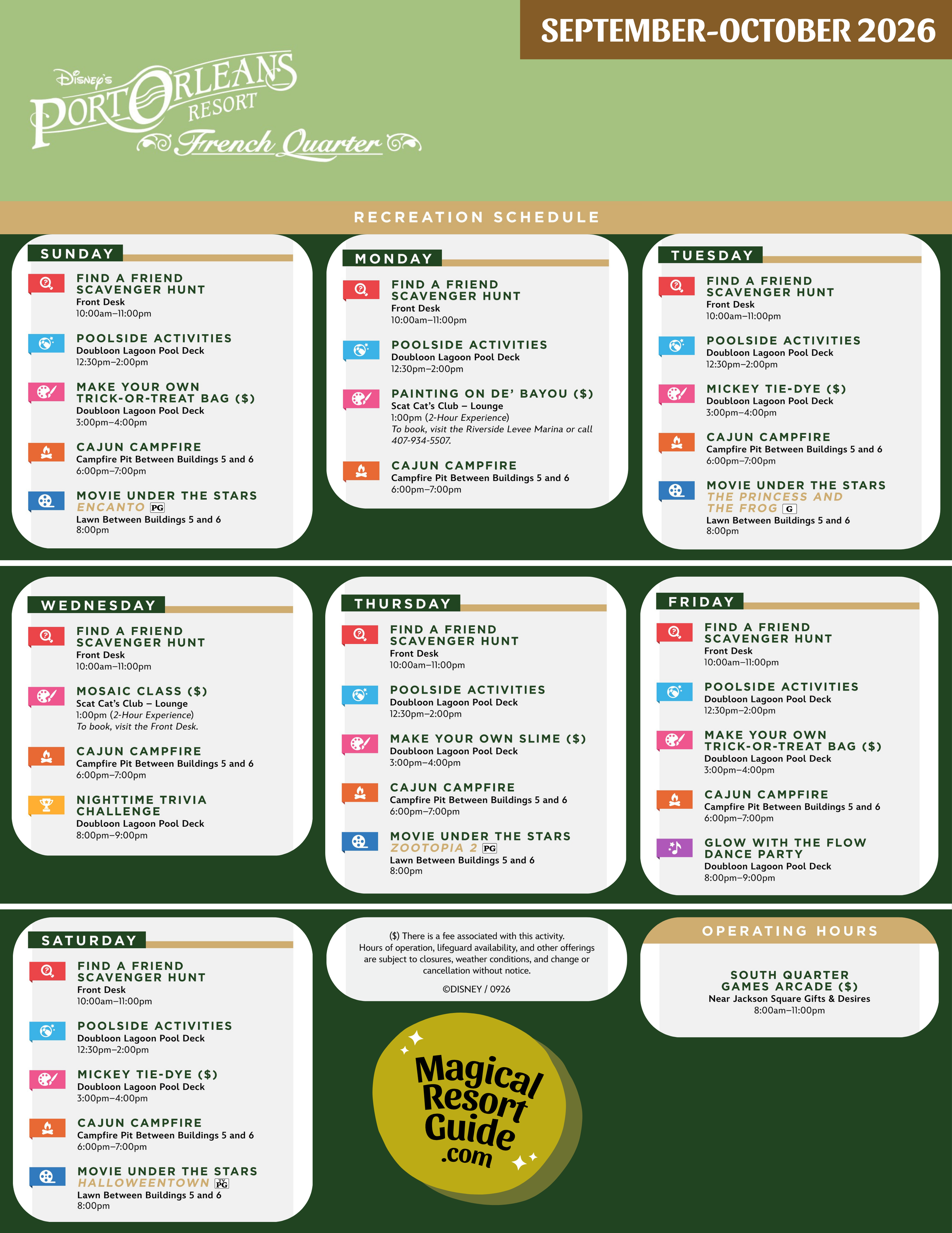 Disney's Port Orleans French Quarter Resort Activity Calendar Resort Activities September October 2026