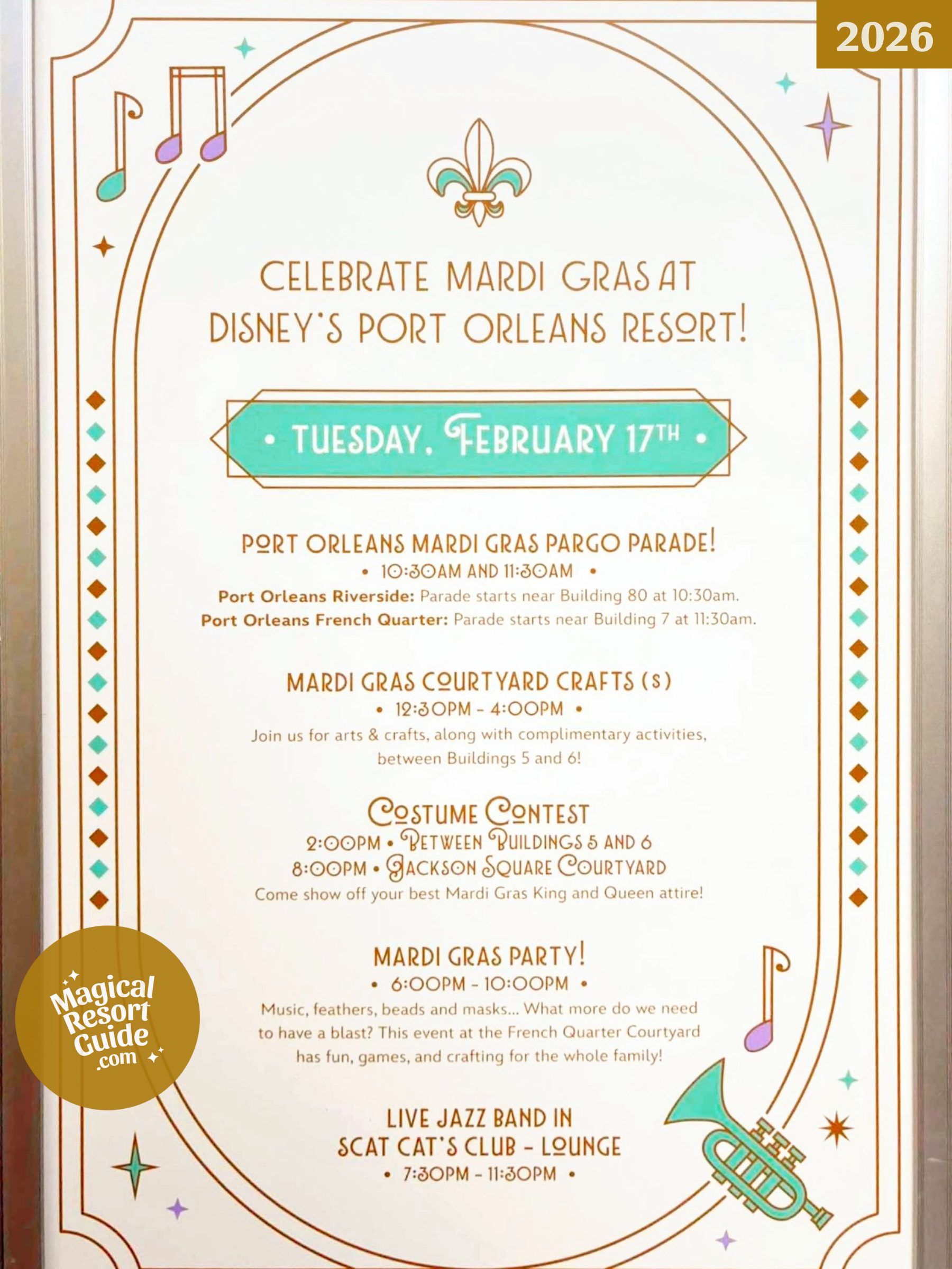 Disney's Port Orleans - French Quarter Resort Holiday Activities Activity Calendar Mardi Gras 2026