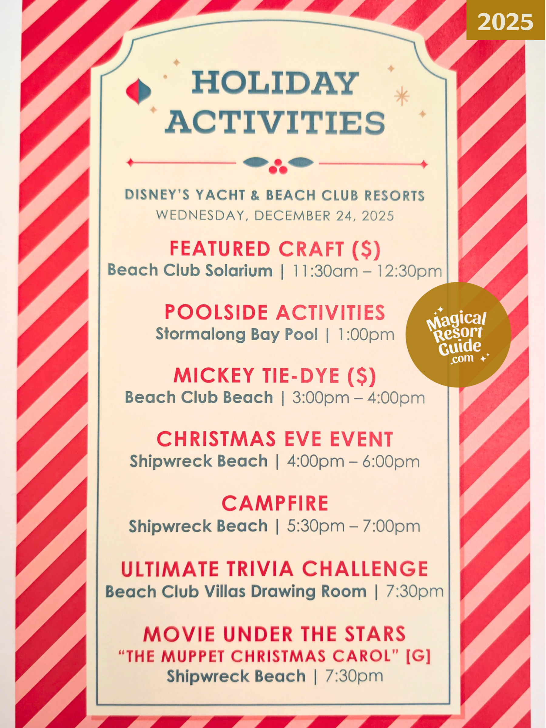 Disney's Yacht Club Beach Club Resort Holiday Activities Activity Calendar Christmas 2025