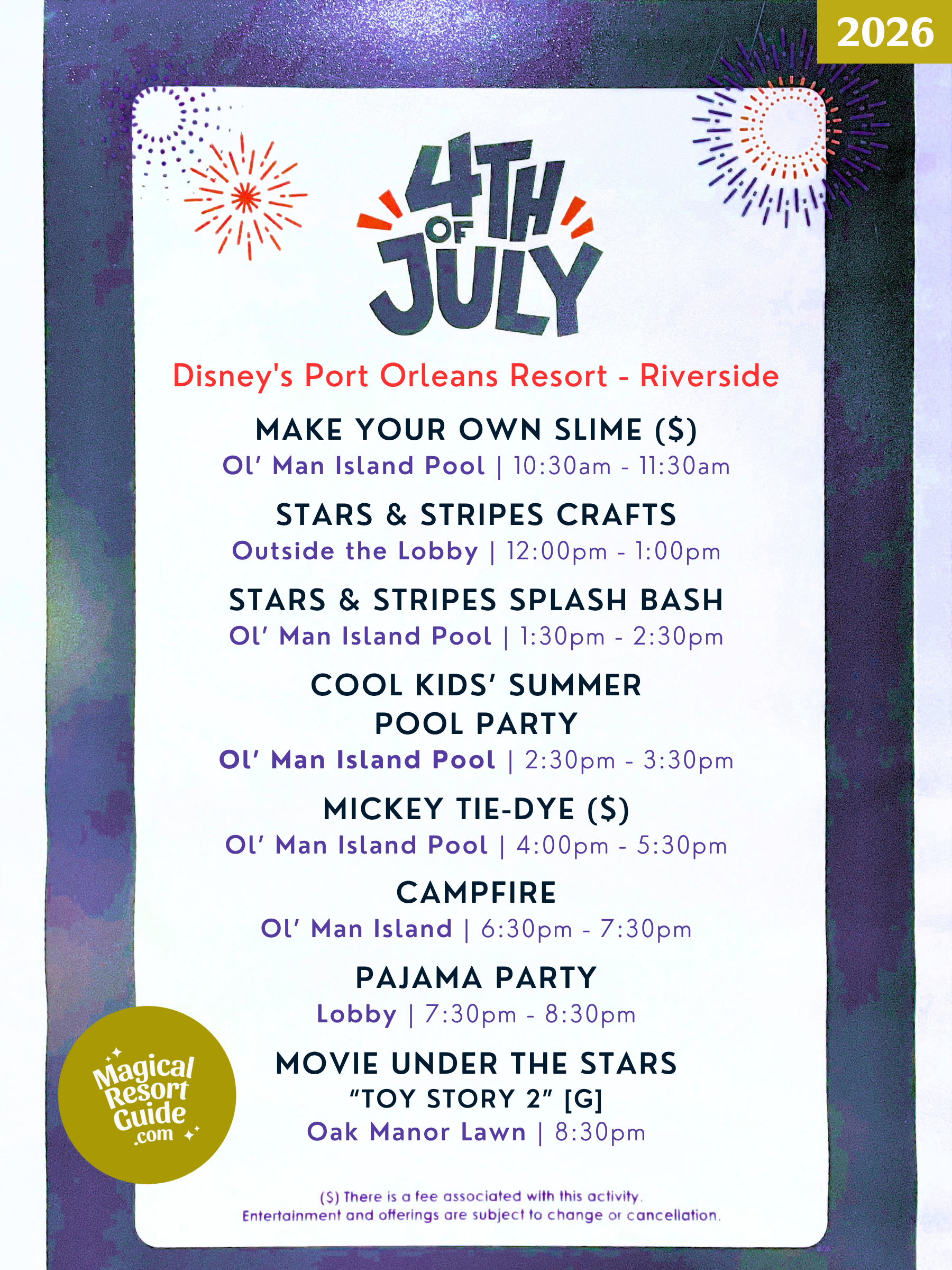 Disney's Port Orleans - Riverside Resort Holiday Activities Activity Calendar July 4 2026