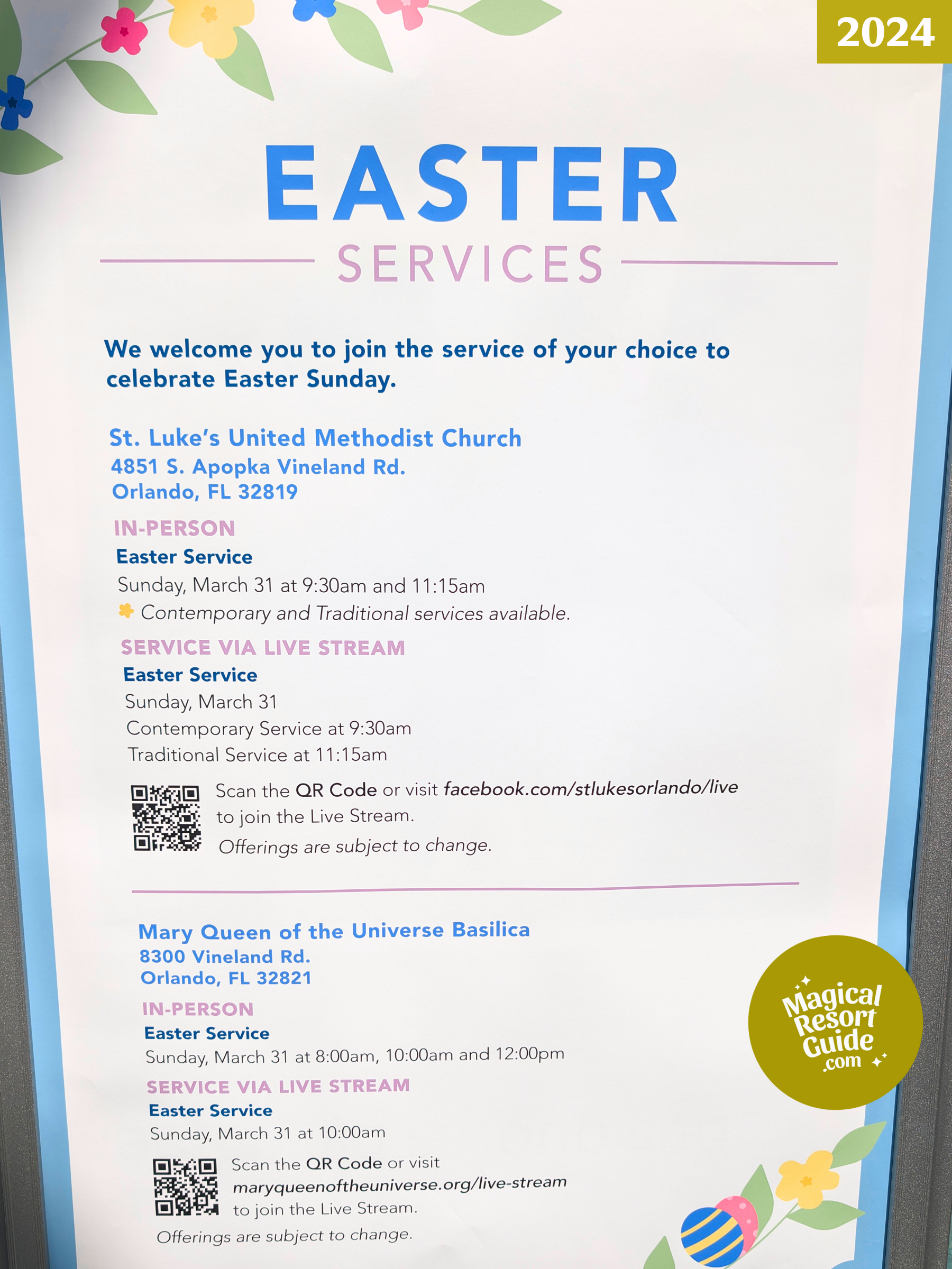 Walt Disney World Church Religious Catholic Mass Protestant Service Worship Easter 2024