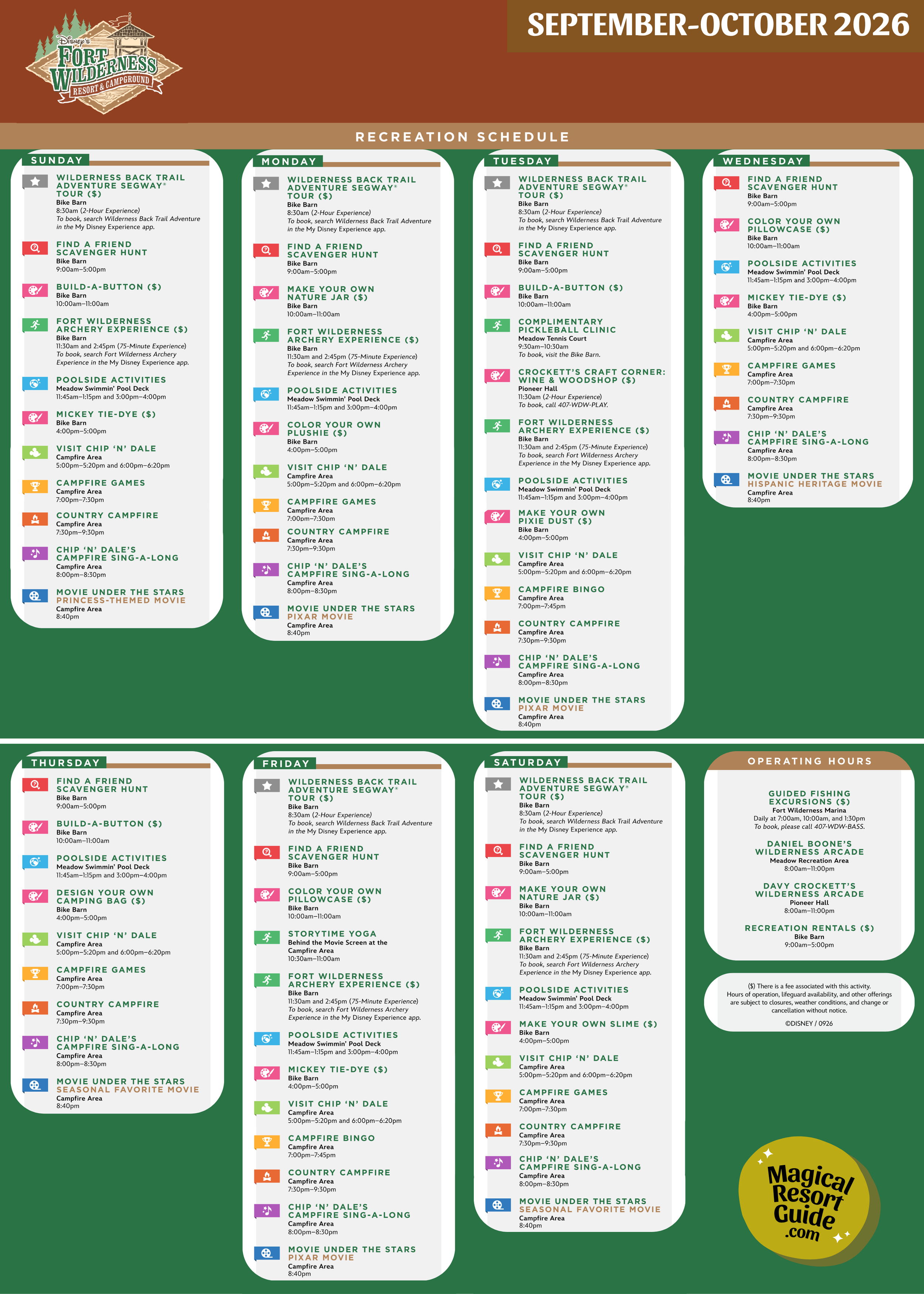 Disney's Fort Wilderness Resort Campground Activity Calendar Activities Schedule Recreation Movie September October 2026
