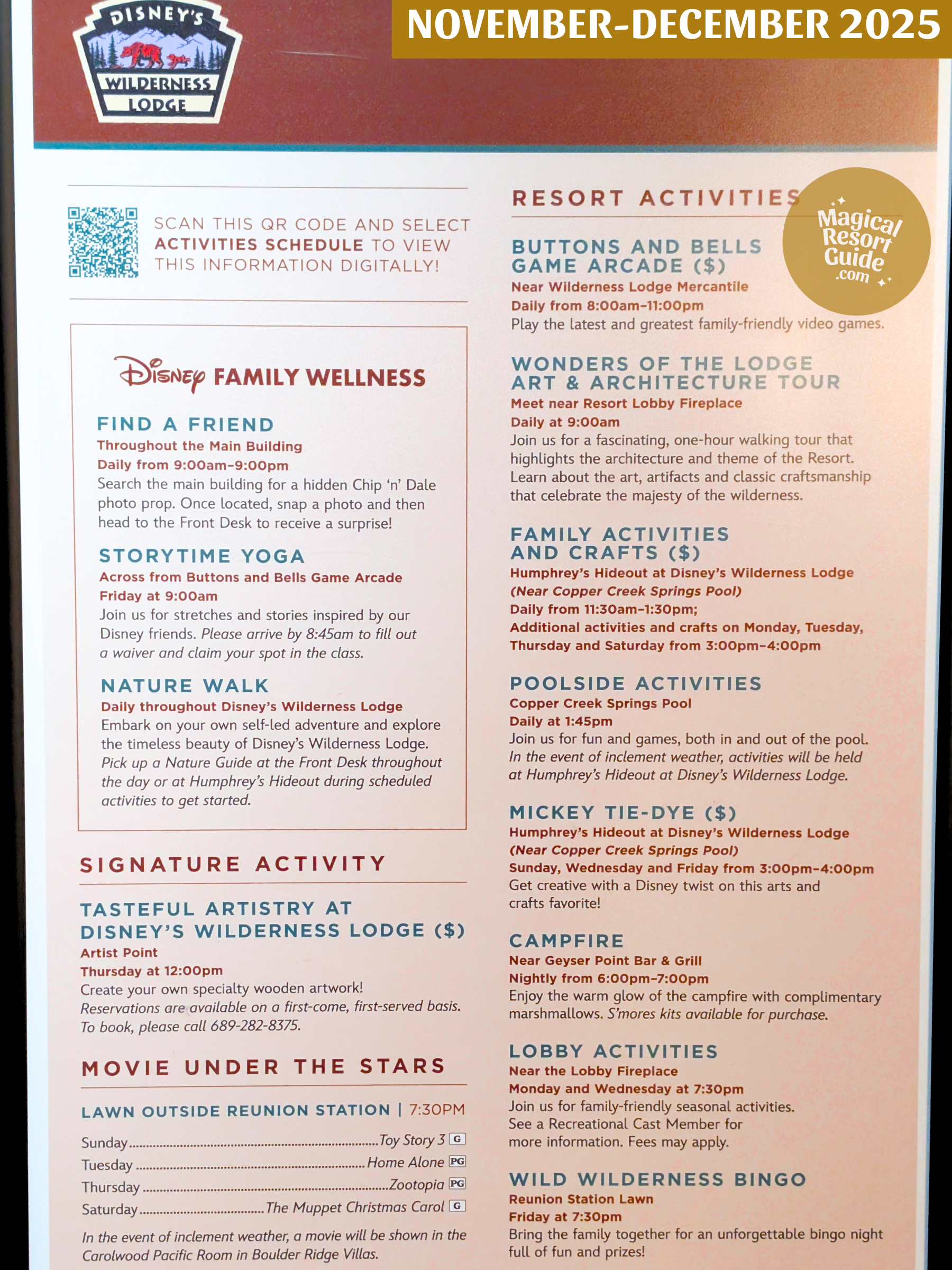 Disney's Wilderness Lodge Resort Activity Calendar Recreation Activities November December 2025