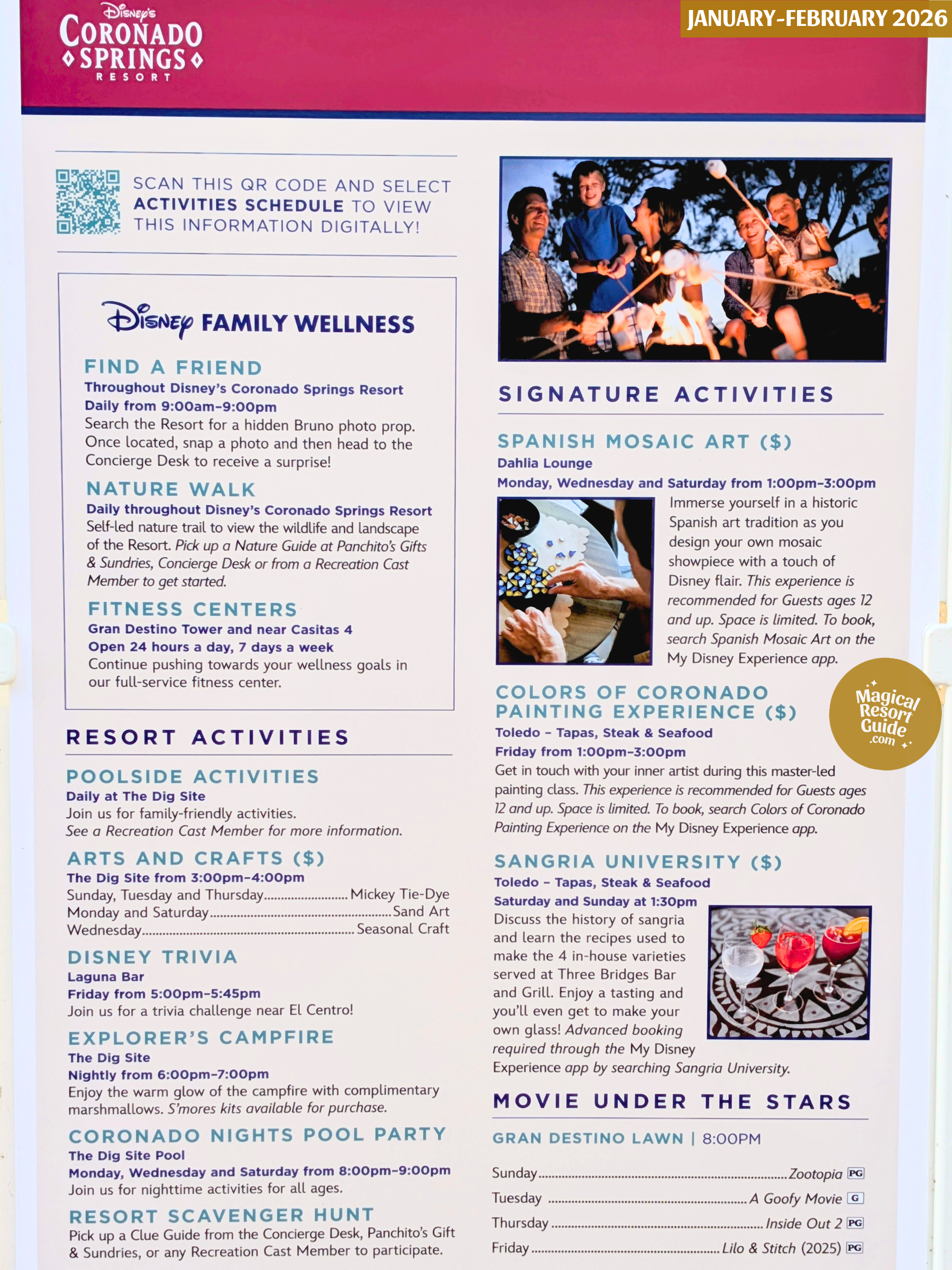 Disney's Coronado Springs Resort Activity Calendar Recreation Activities January February 2026