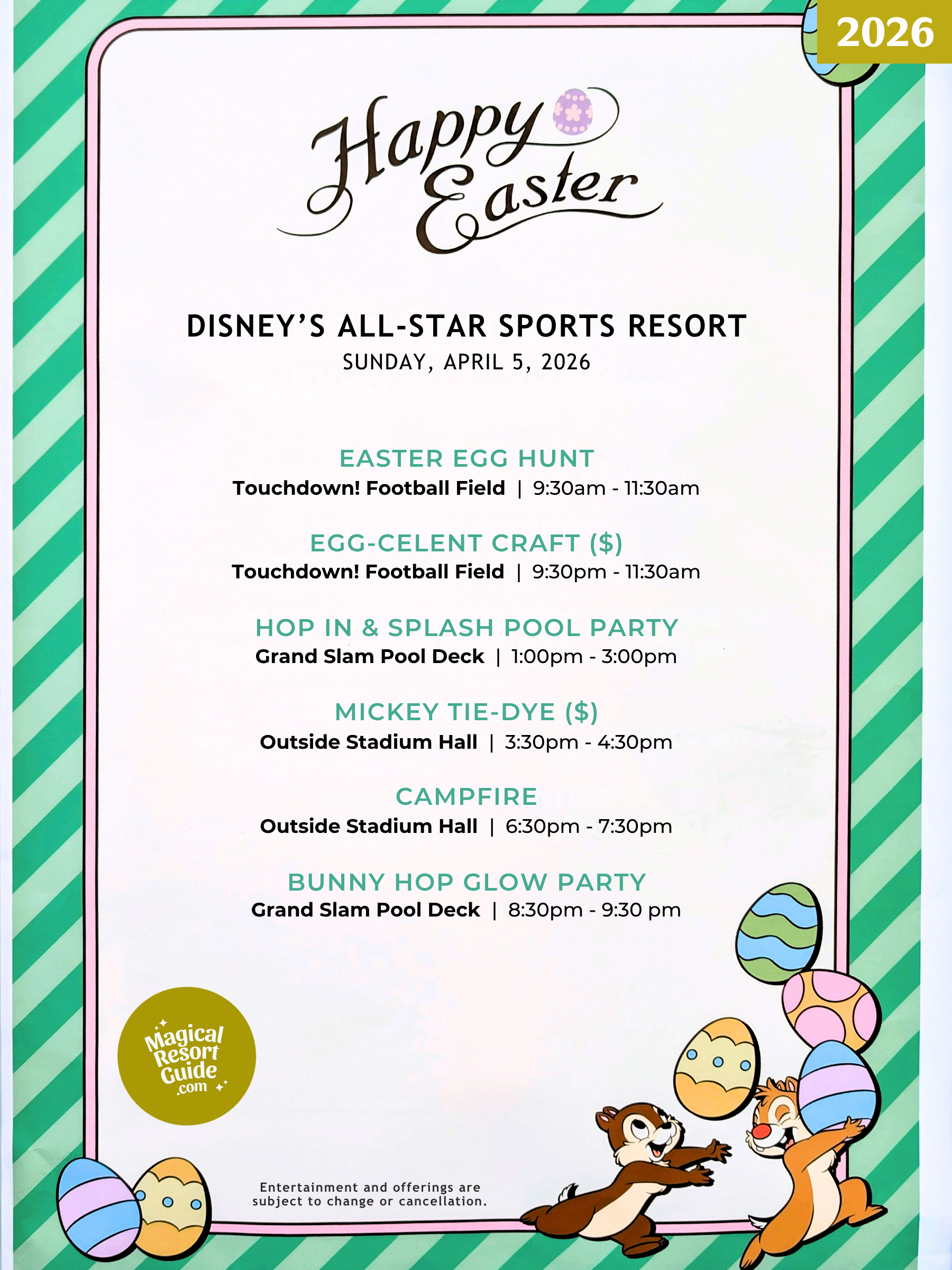 Disney's All-Star Sports Resort Easter Activities Activity Calendar 2026