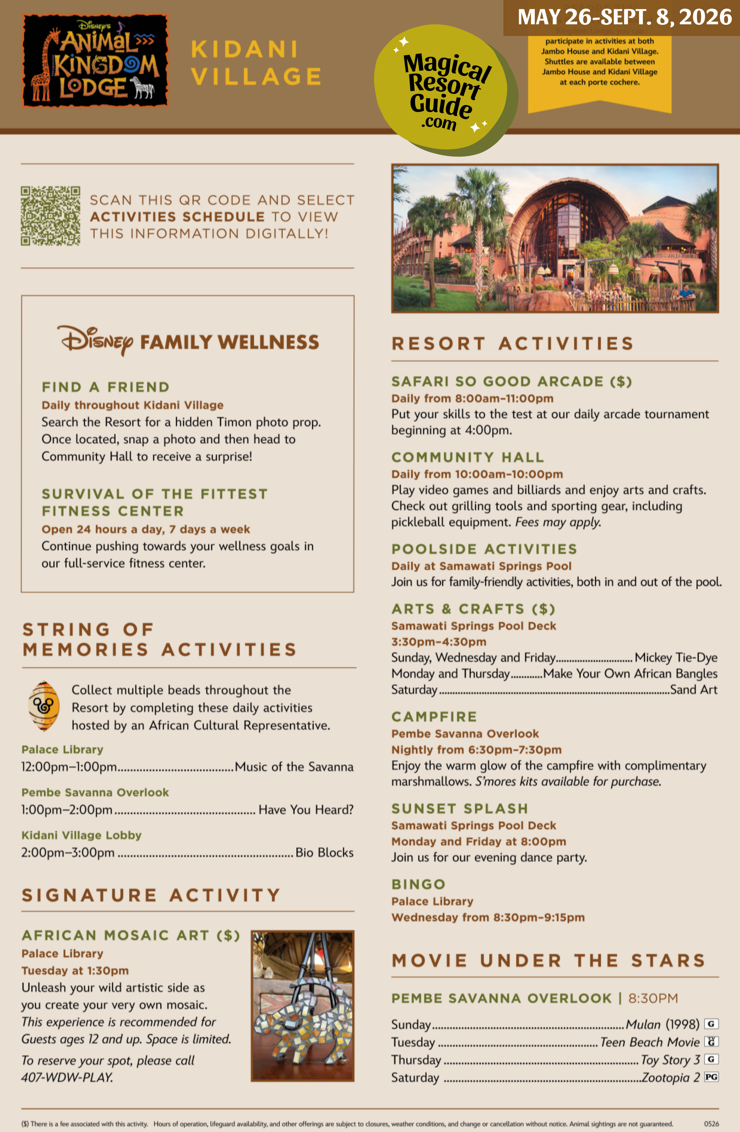 Disney Animal Kingdom Lodge Kidani Village Resort Activity Calendar Recreation Activities May June July August September 2026