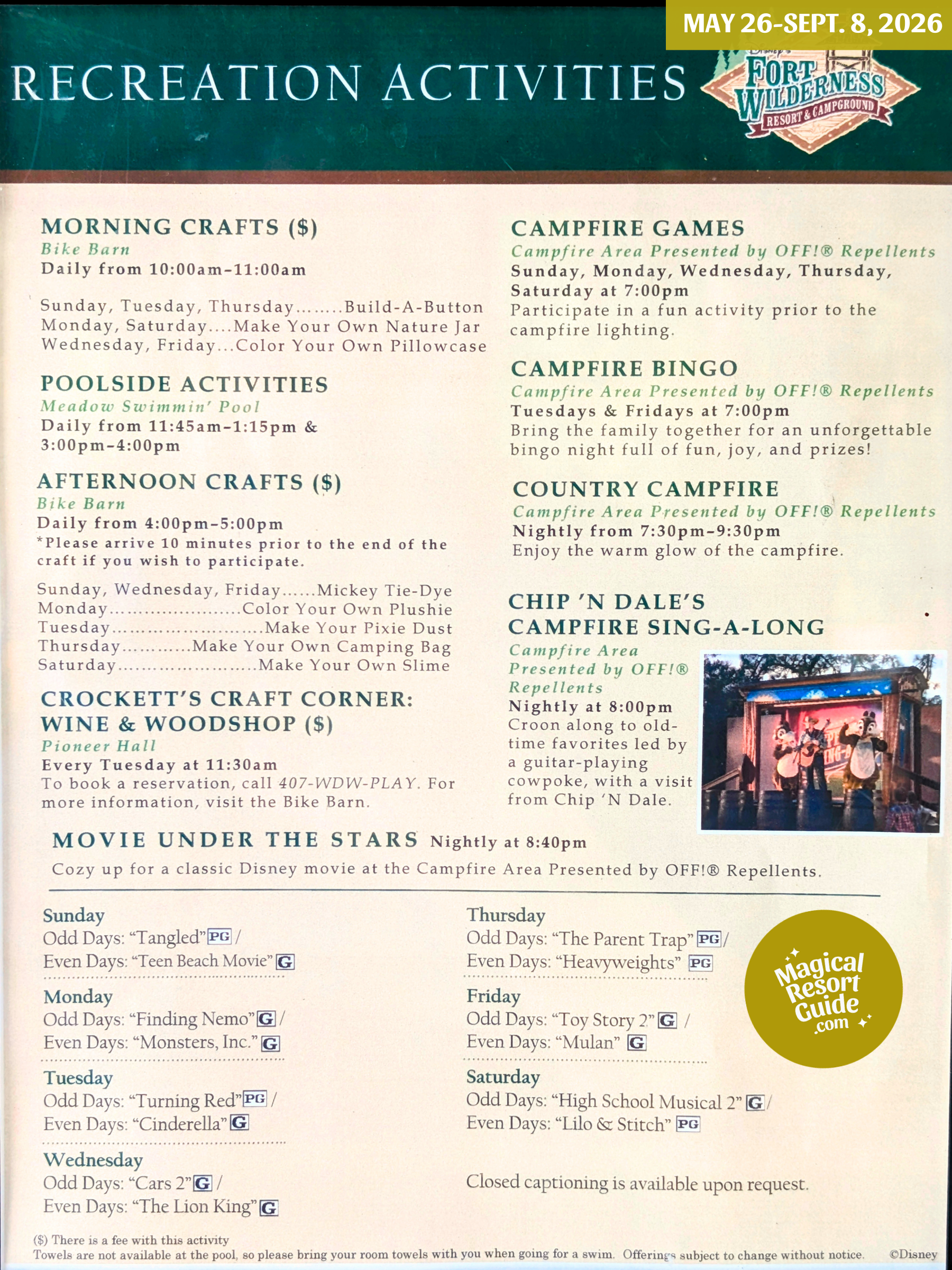 Disney's Fort Wilderness Resort Campground Activity Calendar Activities Schedule Recreation Movie May June July August September 2026