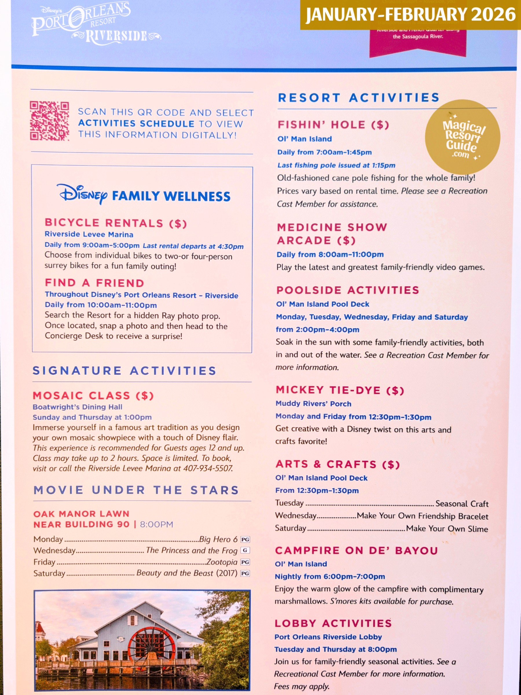 Disney's Port Orleans Riverside Resort Activity Calendar Recreation Activities January February 2026