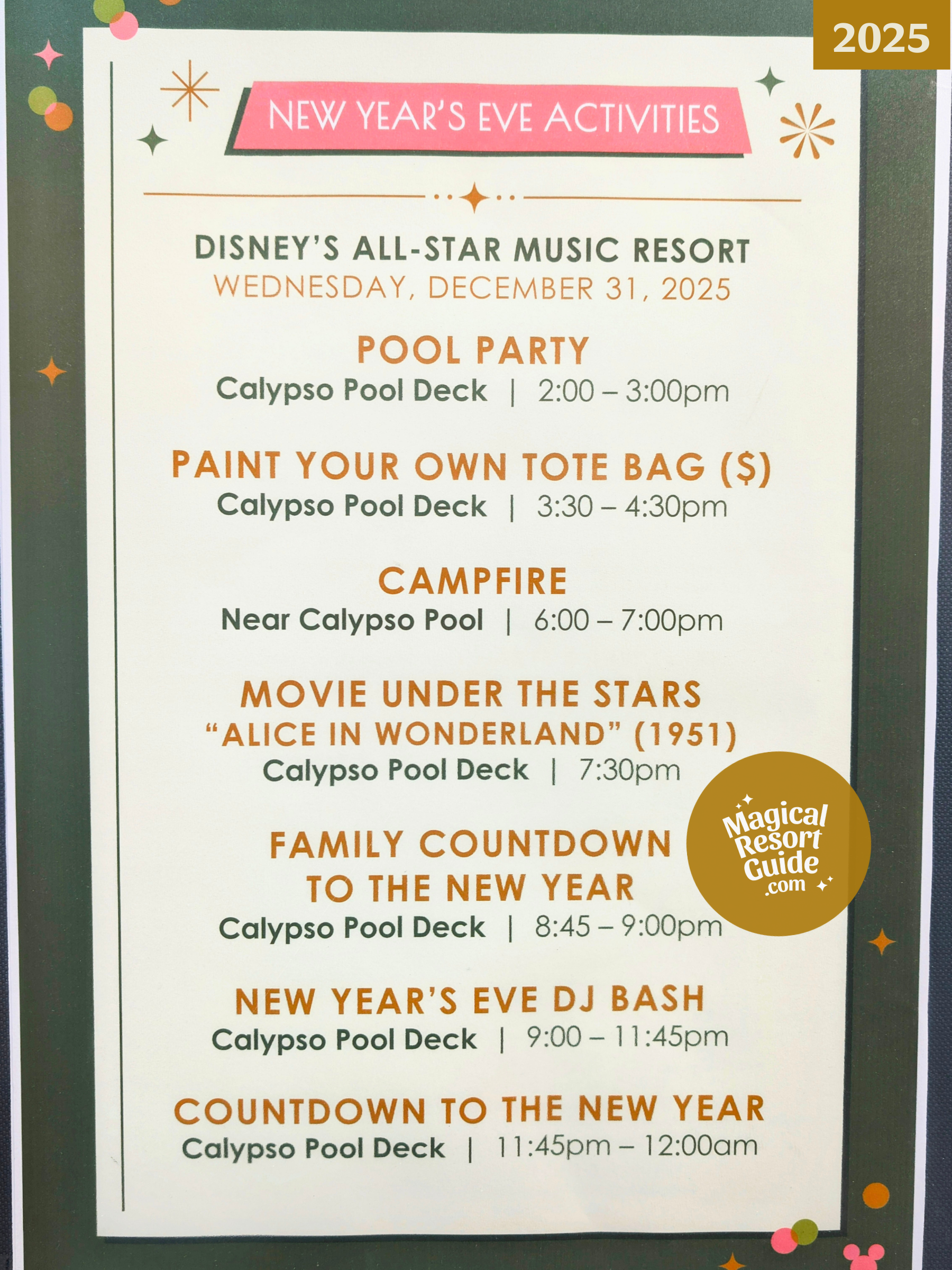 Disney's All-Star Music Resort New Year's Eve Holiday Activities Activity Calendar NYE 2025