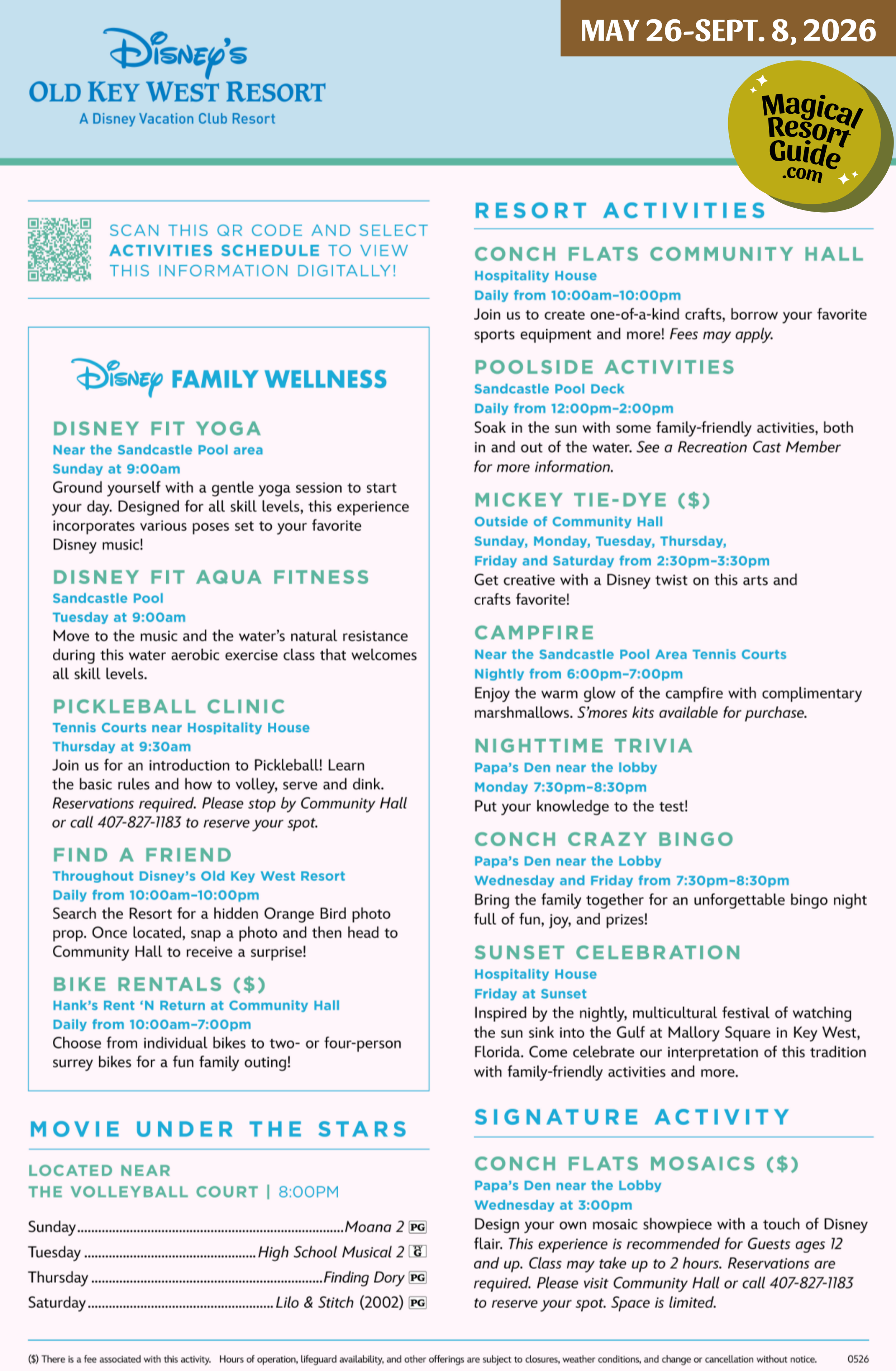 Disney's Old Key West Resort Activity Calendar Recreation Activities May June July August September 2026
