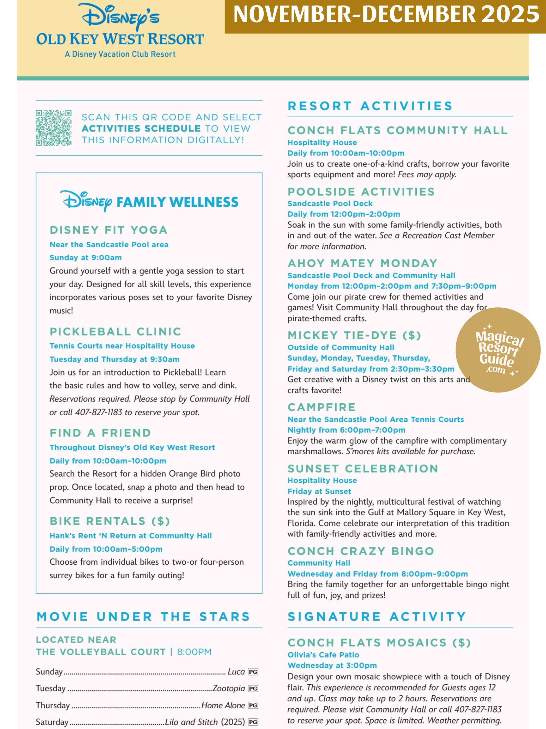 Disney's Old Key West Resort Activity Calendar Recreation Activities November December 2025