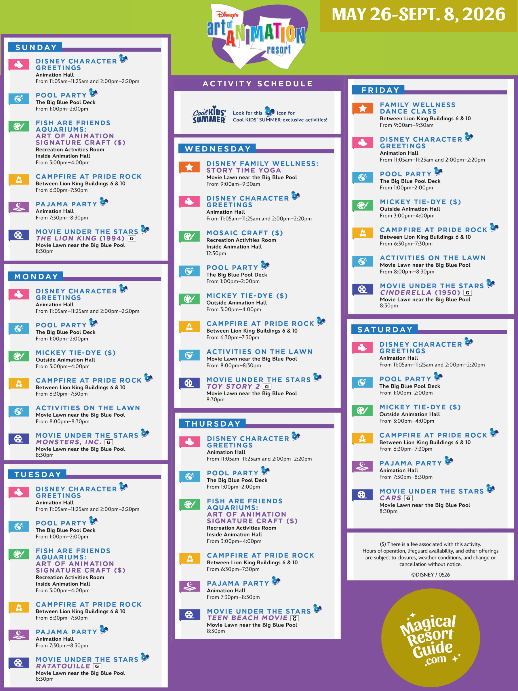 Disney's Art of Animation Resort Activity Calendar Recreation Activities Cool Kids Summer May June July August September 2026