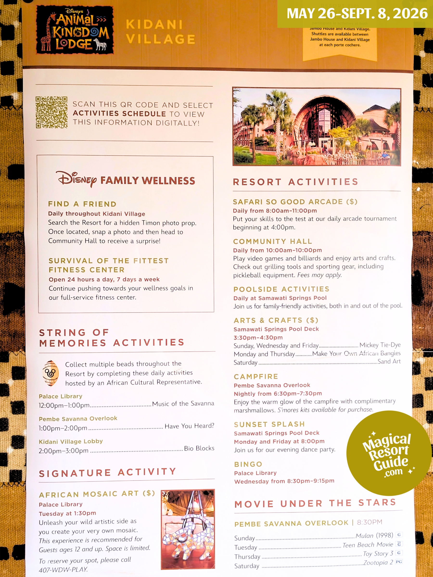 Disney Animal Kingdom Lodge Kidani Village Resort Activity Calendar Recreation Activities May June July August September 2026