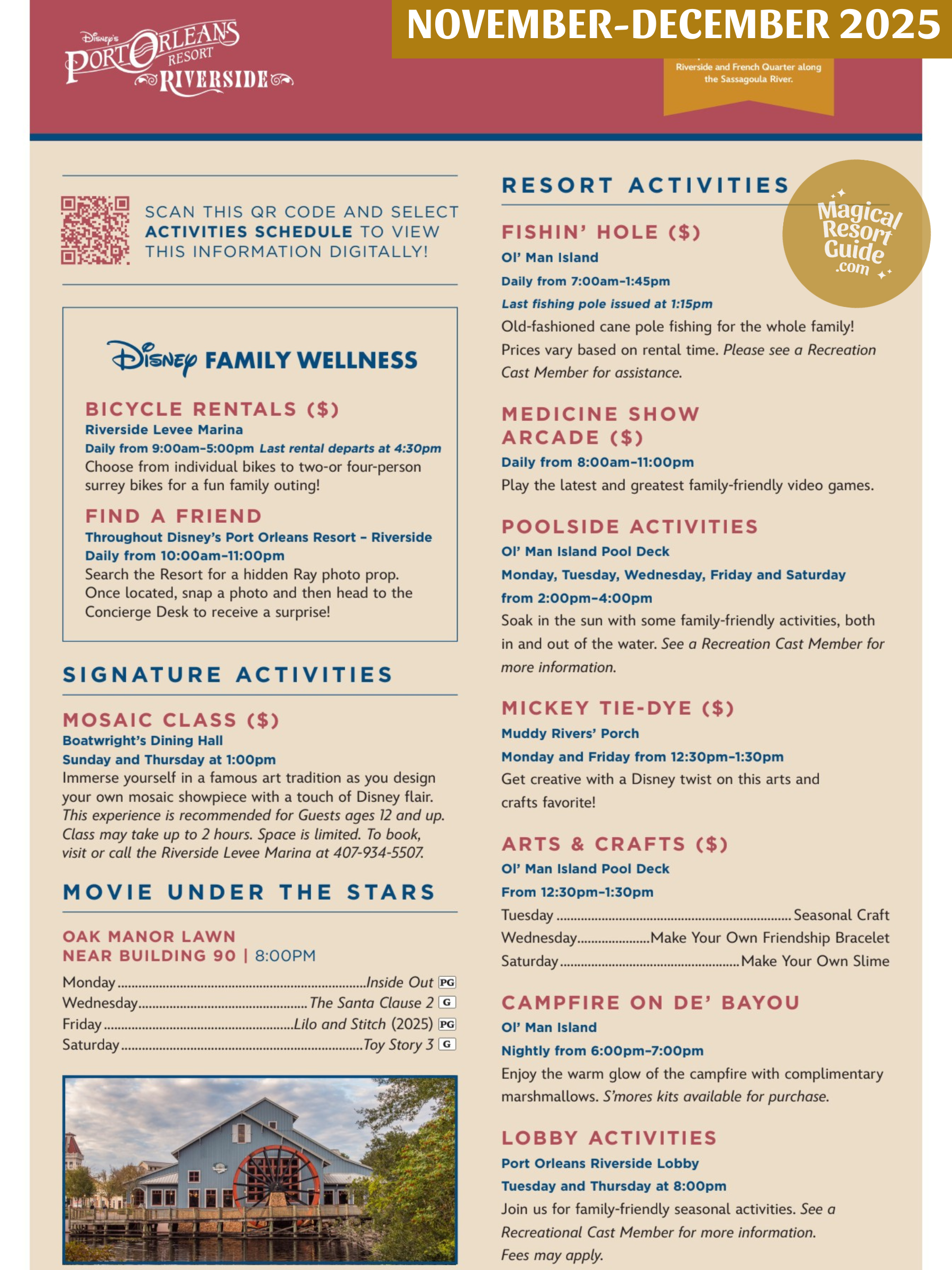 Disney's Port Orleans Riverside Resort Activity Calendar Recreation Activities November December 2025