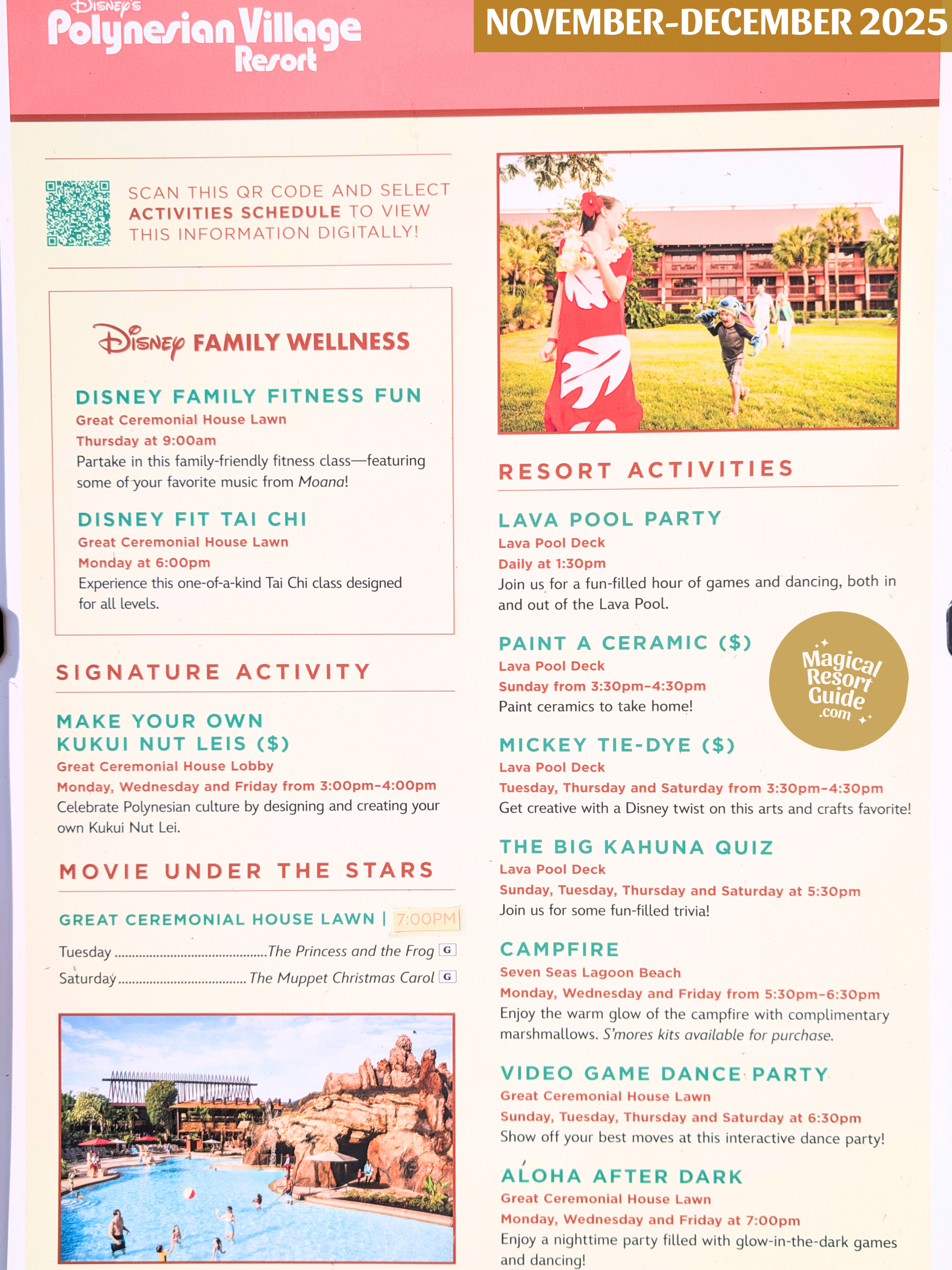 Disney's Polynesian Village Resort Activity Calendar Recreation Schedule November December 2025