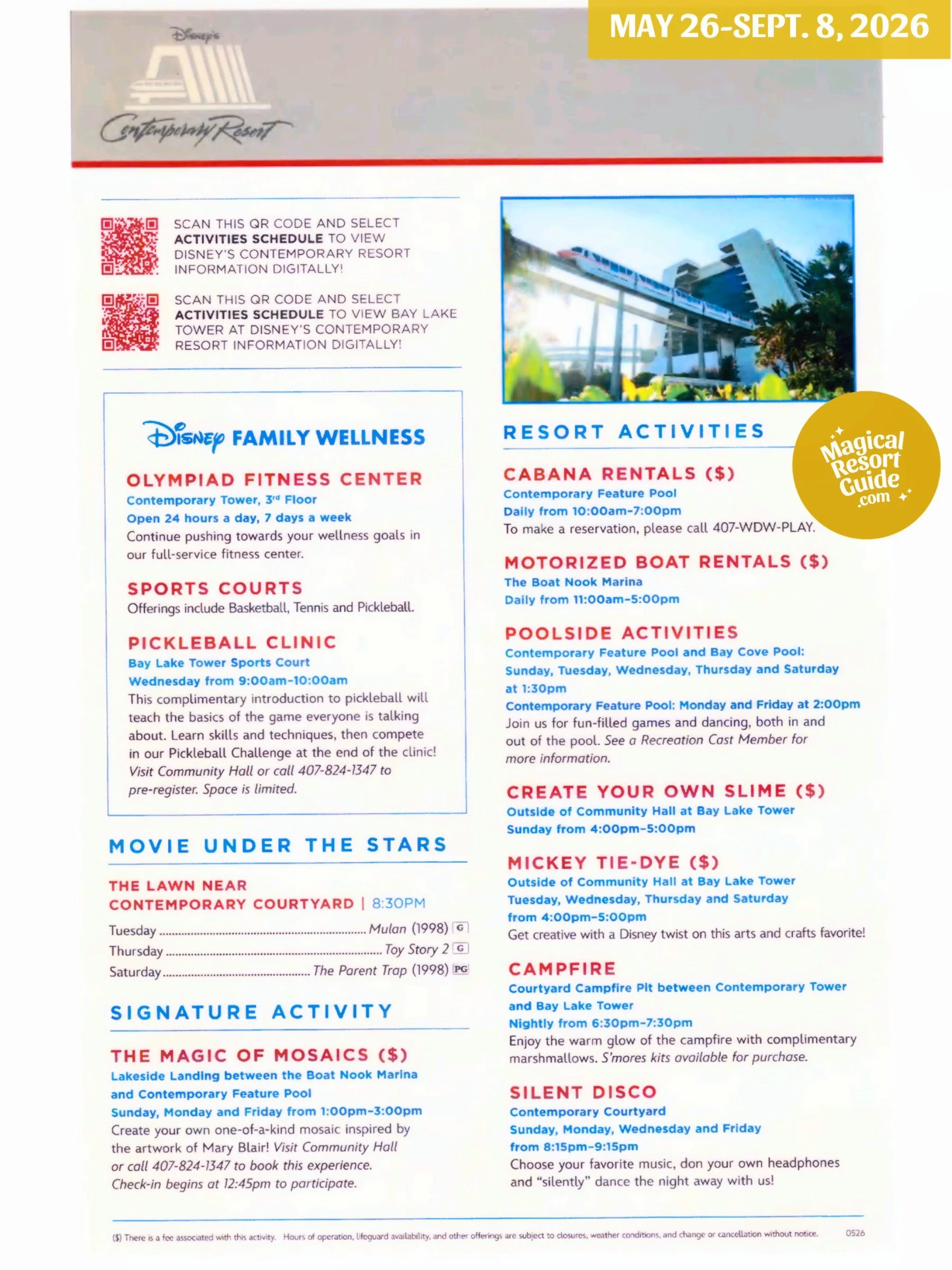 Disney's Contemporary Resort Activity Calendar Recreation Activities May June July August September 2026