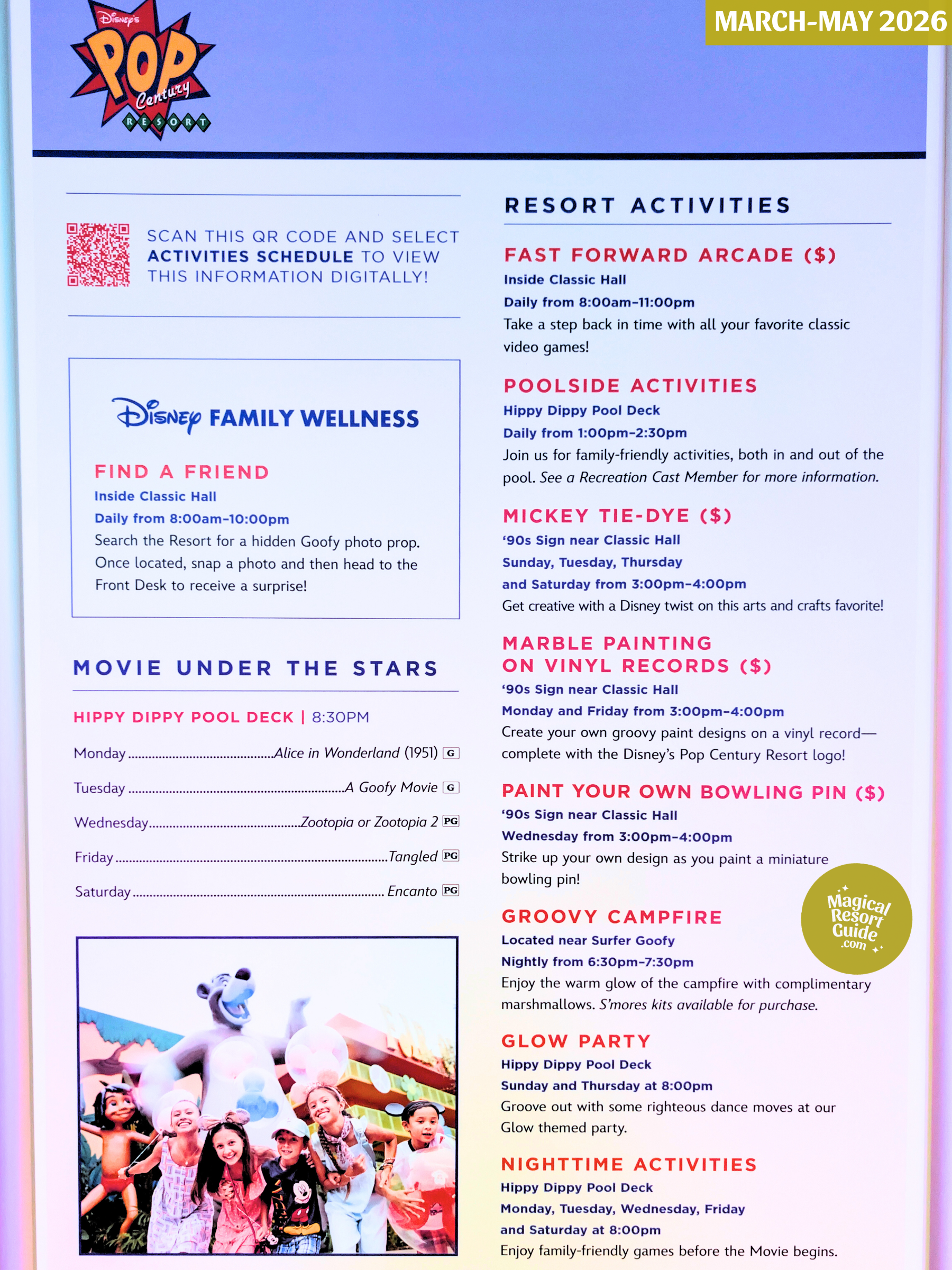 Disney's Pop Century Resort Activity Calendar Recreation Schedule March April May 2026