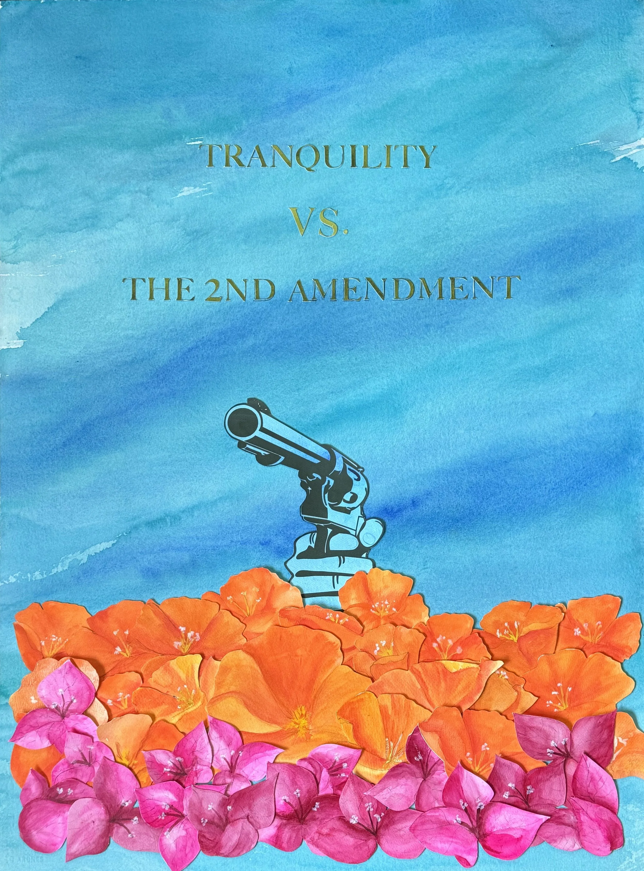 TranquilityvsTheSecondAmmendent.Watercolor+collage+on+paper.+30%22x22%22.jpg
