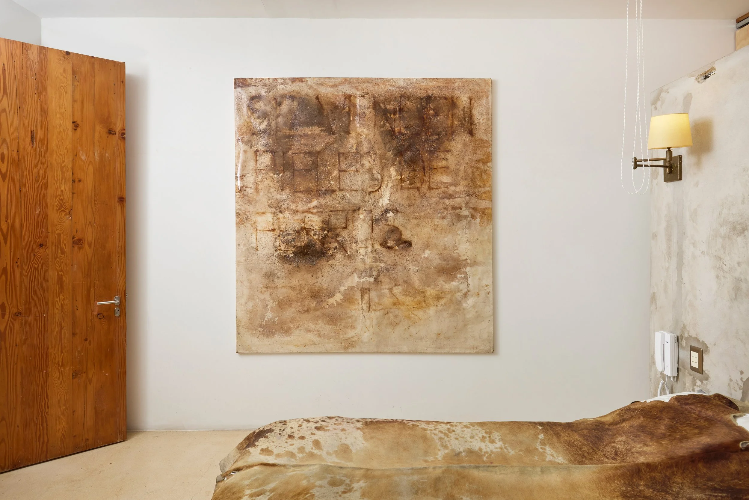 Miguel Andrade Valdez painting "Se venden pieles de perro" Miembro Fantasma Exhibition in N.A.S.A.L. Gallery, Mexico  at Balneario, Lima