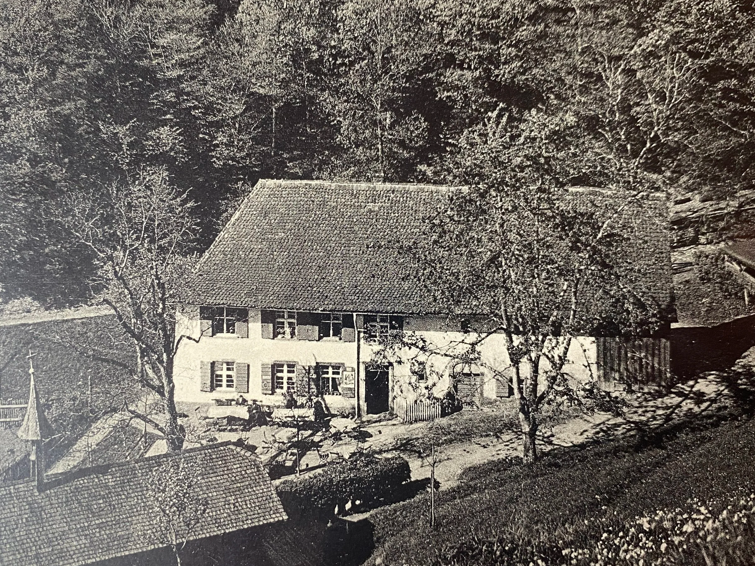 Ein idyllisches historisches Schwarzwaldhaus inmitten einer Waldlandschaft