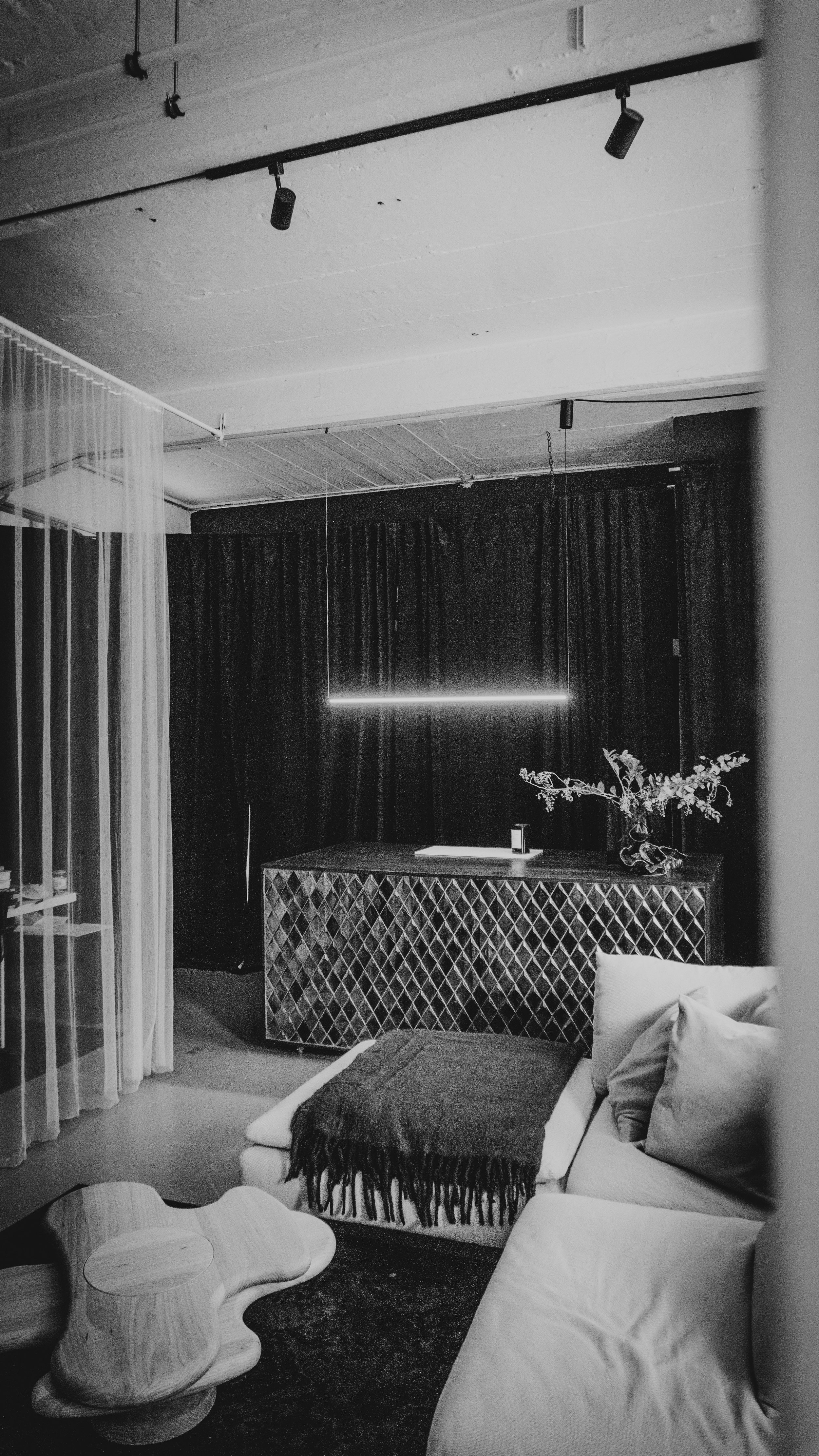 Ein modernes Wohnzimmer mit dunklen Vorhängen, einem weißen Sofa mit Kissen und Decke, einem einzigartigen Holztisch, einem Regal mit Pflanzen und einem beleuchteten Deckenspot in Schwarz-Weiß-Optik inmitten des Schwarzwaldes..