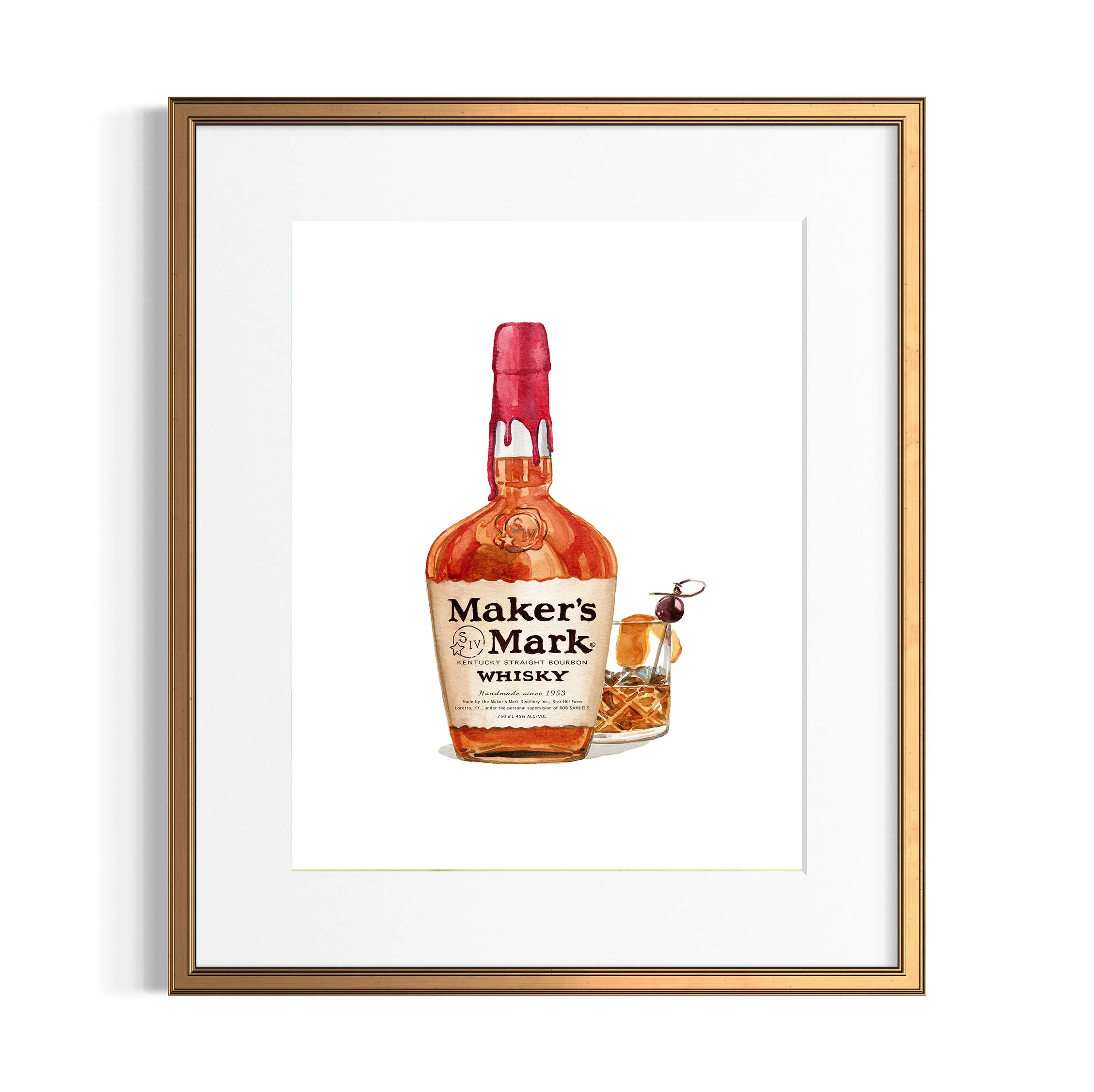 Maker's Mark Bourbon Bottle & Glass Watercolor Print