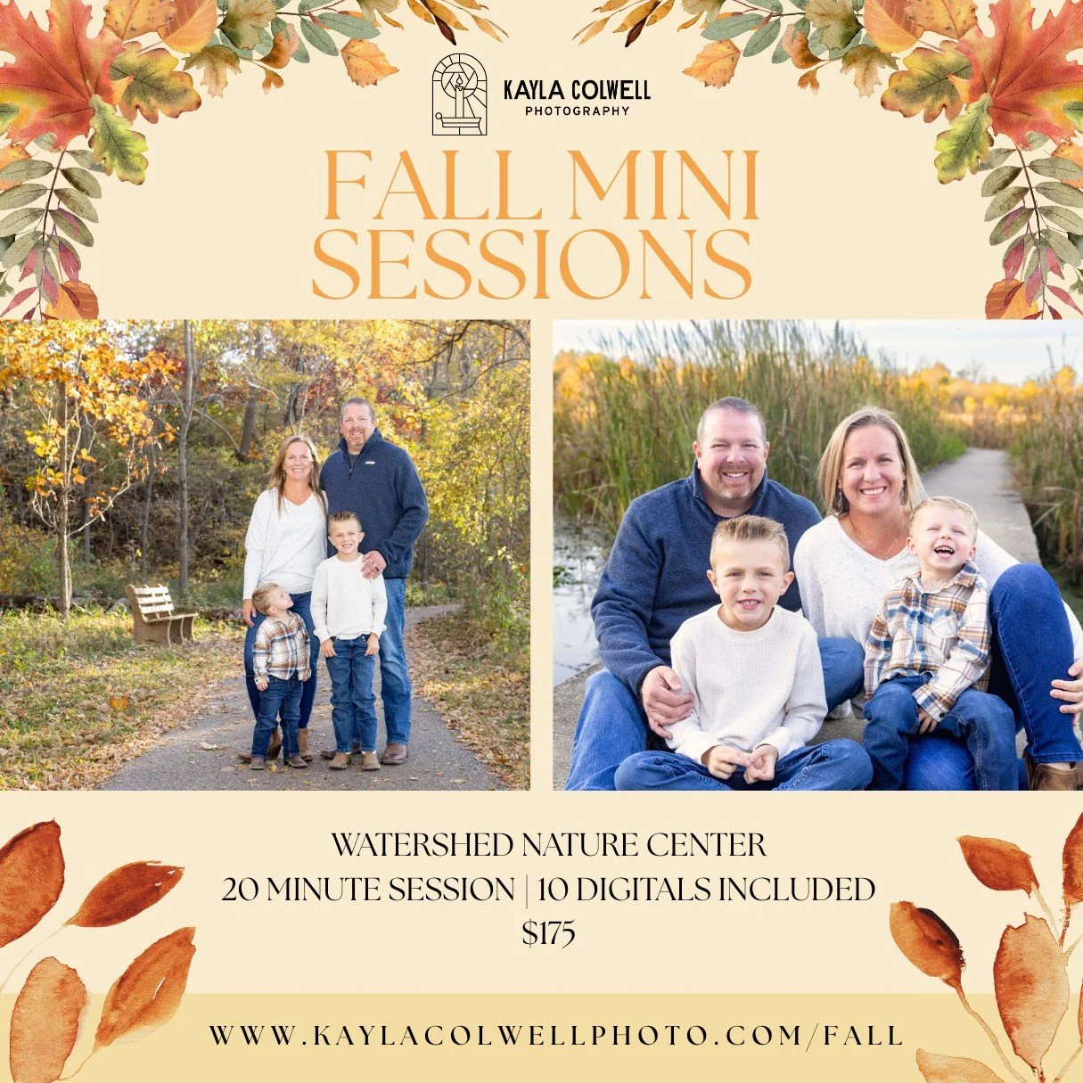 Fall Mini sessions are here! π
This year fall minis will be at the Watershed in Edwardsville. Sessions will be 20 minutes and 10 digitals will be included. The Watershed has lots to offer between water, leaves and tall grass.
Let’s capture