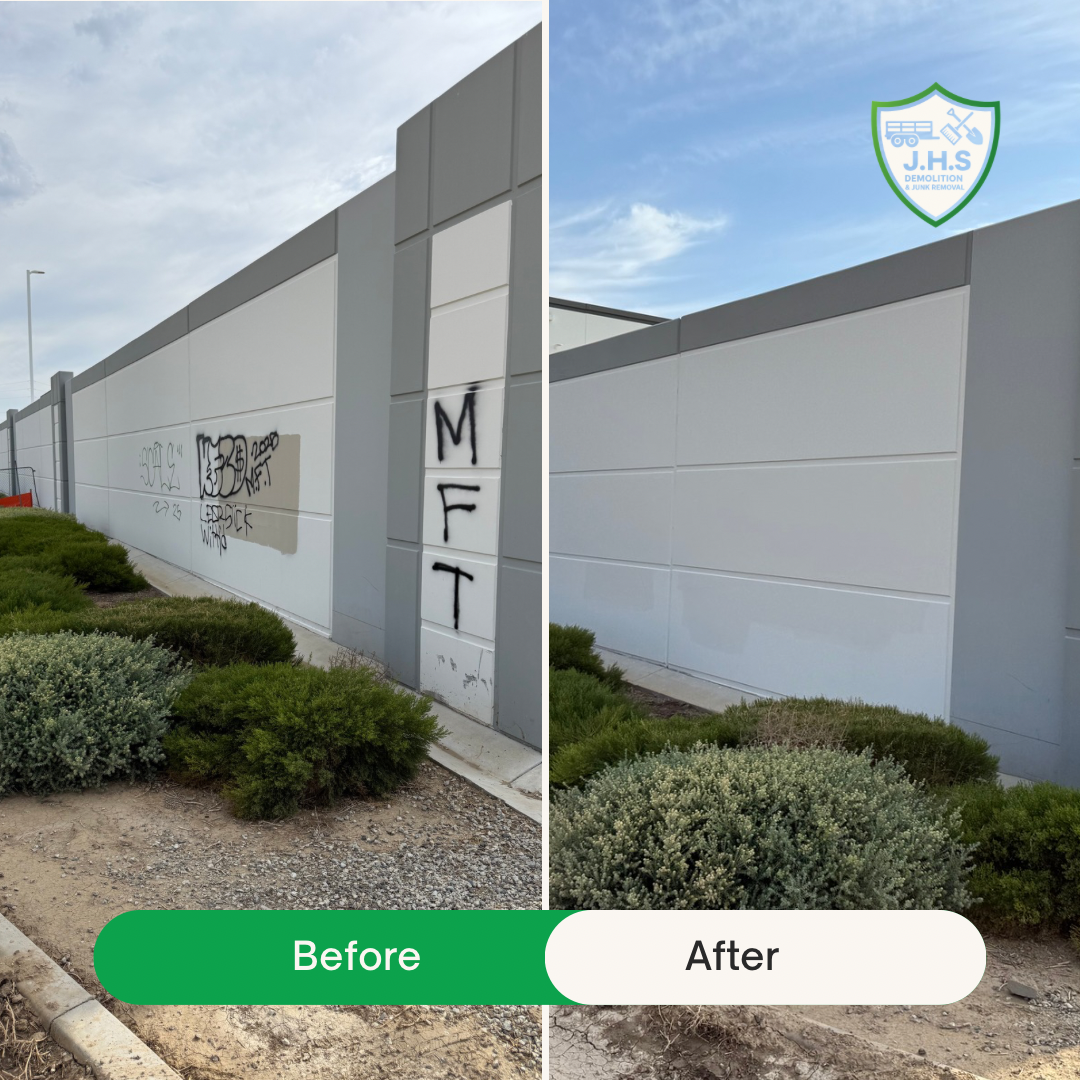 Graffiti removal from commercial building wall in Ontario CA Before and after graffiti removal at industrial property in Ontario California Commercial graffiti cleanup for property management in Ontario CA Graffiti removal and wall restoration at war