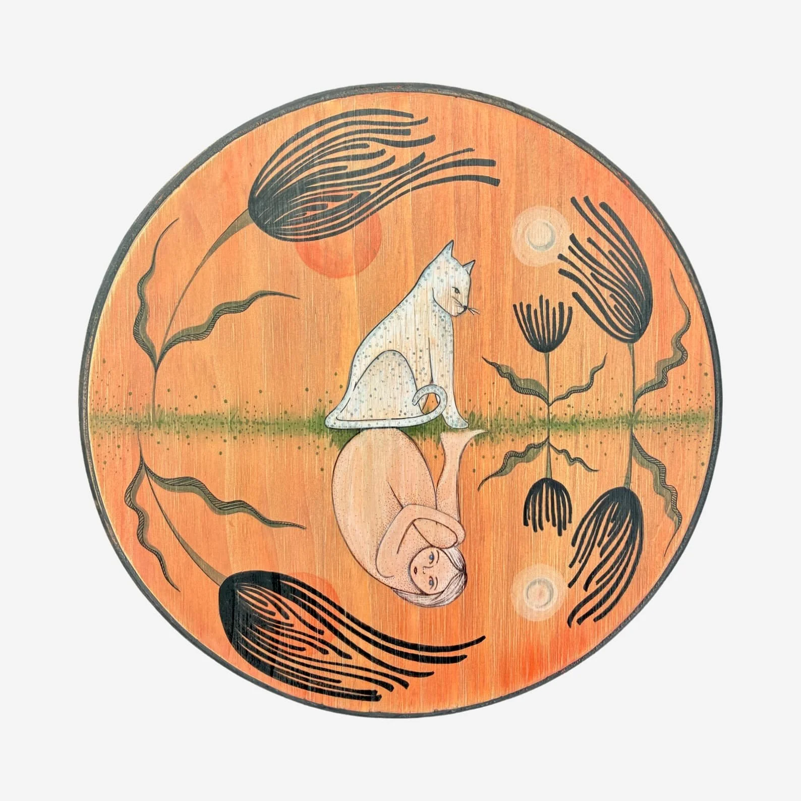 A circular artwork depicting a person with a child on their back, surrounded by plants, black lines flowing outward, and two suns or moons in an orange background.