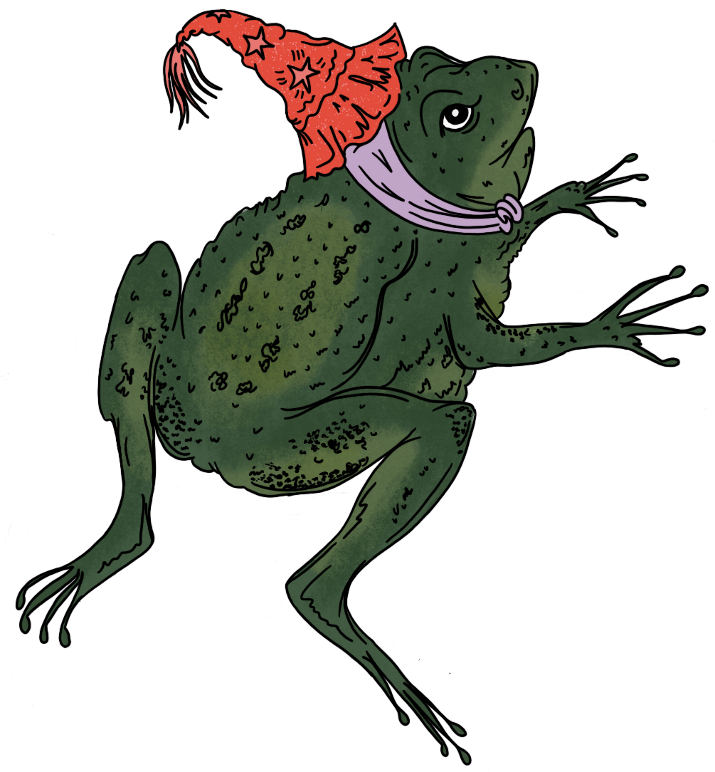 A cartoon green frog wearing a red Santa hat with stars, and a purple scarf, sitting with one arm raised.