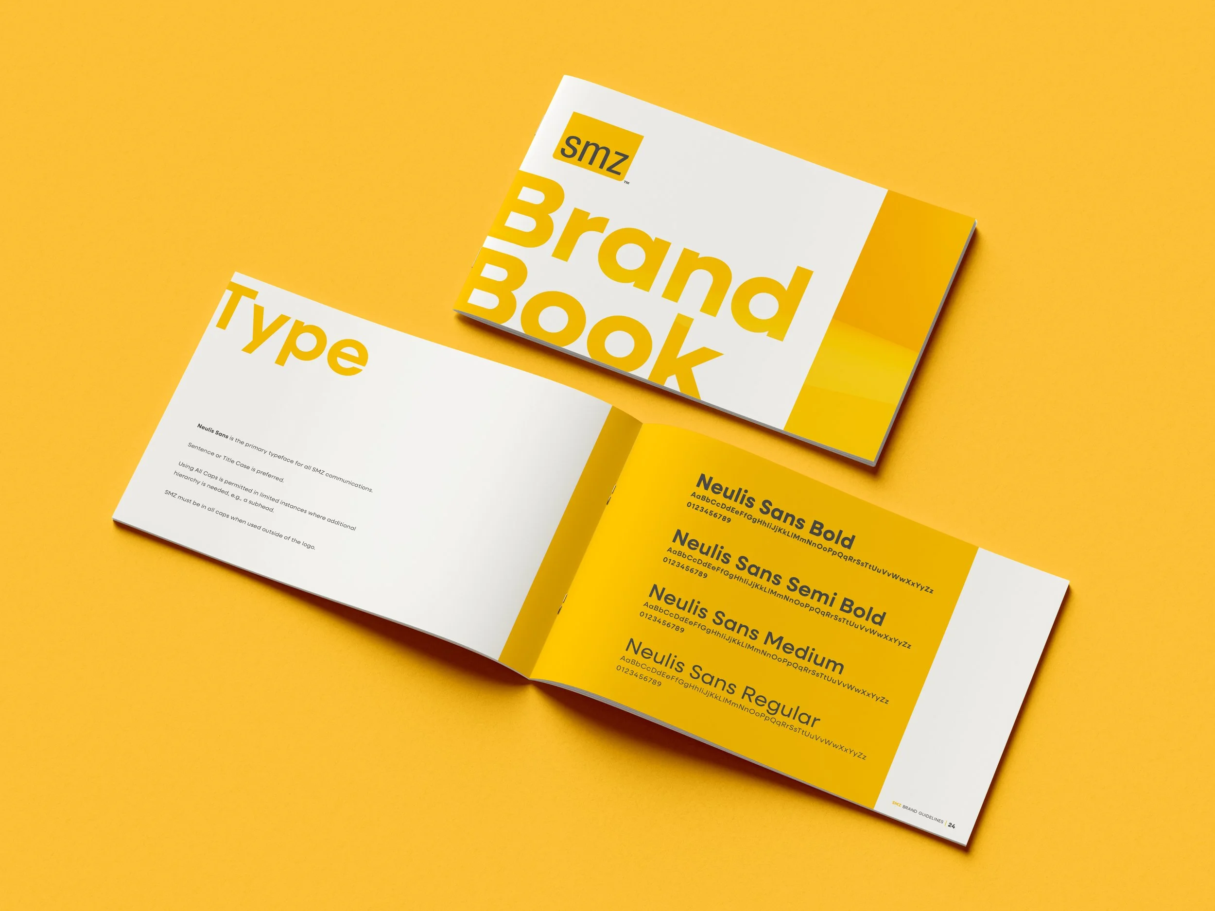 Another view of the SMZ brand book with an open spread showing Type rules and typefaces.