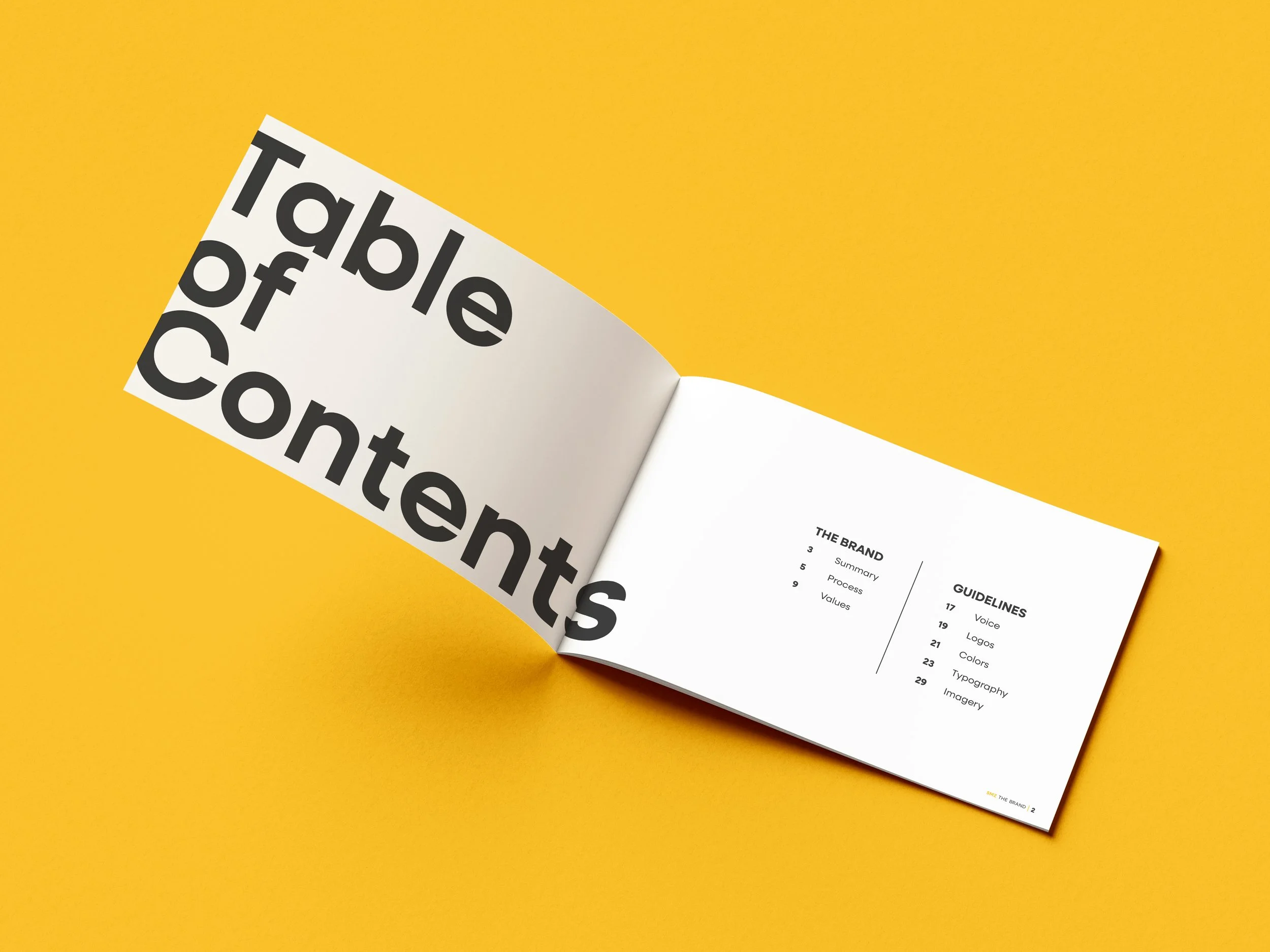 The SMZ brand book opened to the first spread of the table of contents.