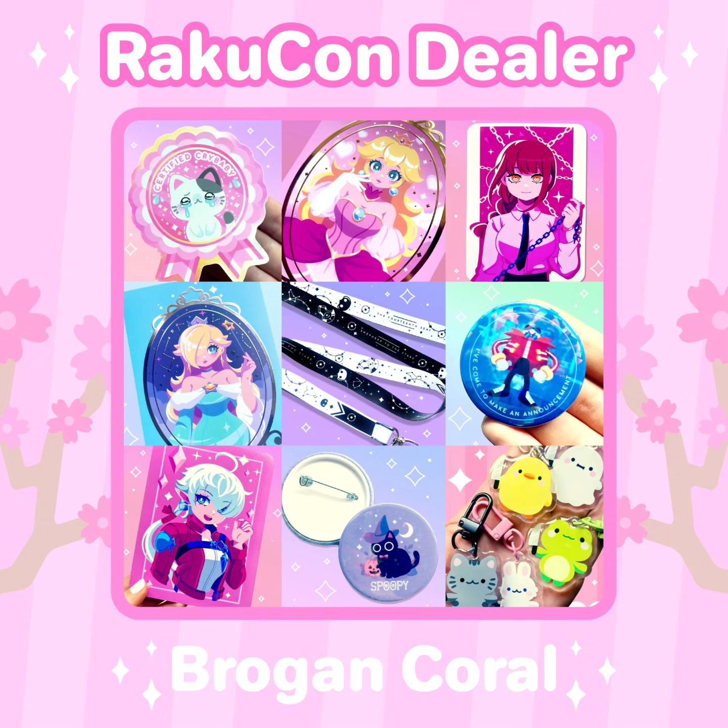 We're excited to welcome @brogancoral to RakuCon! 🌸 They sell a wonderful variety of prints, stickers, acrylic charms, badges and more! 💕 Swipe across to check out their amazing work! 🩷

#animeconvention #ukconvention #convention #comiccon #rakuco