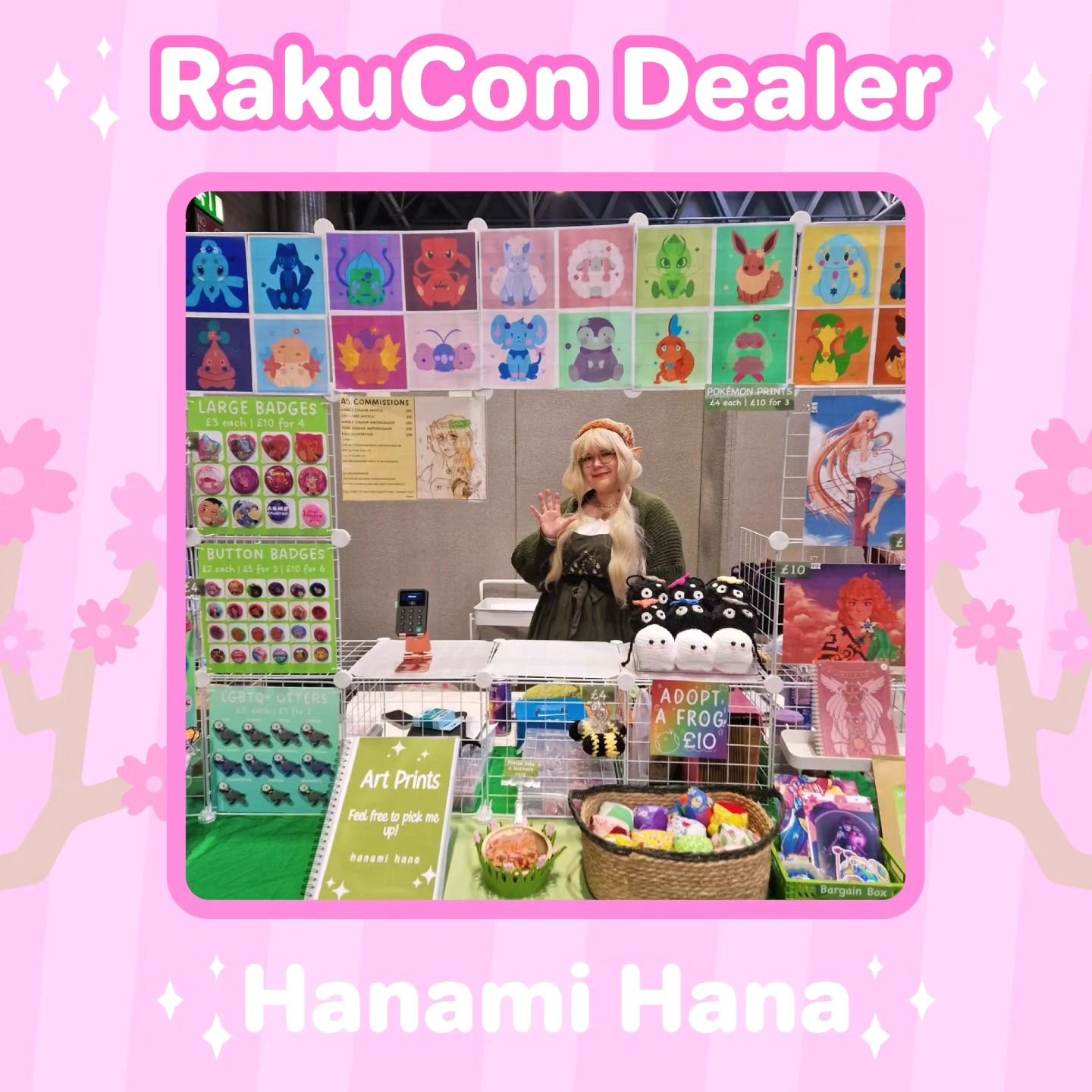 We're delighted to welcome back @hanami.hana to RakuCon! 🌸 They sell a wonderful variety of prints, badges, acrylic charms and more! 💕 Swipe across to check out their lovely work! 🩷

#animeconvention #ukconvention #convention #comiccon #rakucon