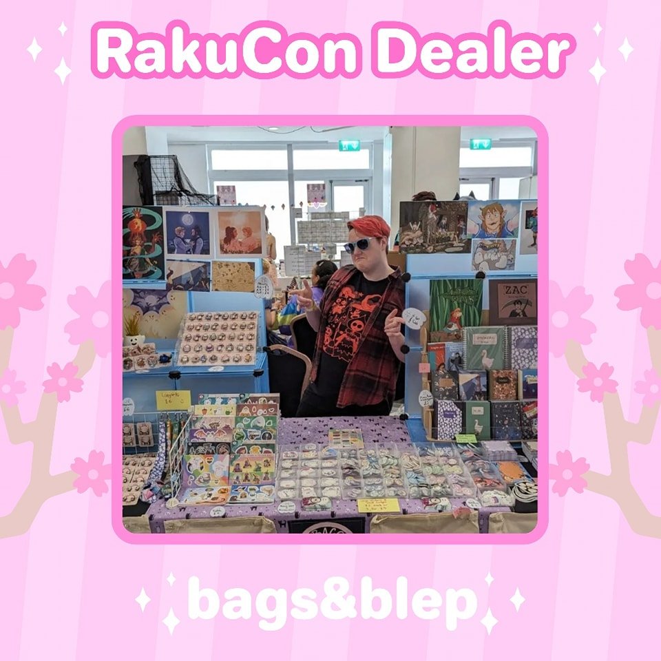 We're delighted to welcome back @bags_and_blep to RakuCon! 🌸 They sell a lovely range of stickers, badges, prints and more! 🩷 

#animeconvention #ukconvention #convention #comiccon #anime #manga #kawaii #rakucon