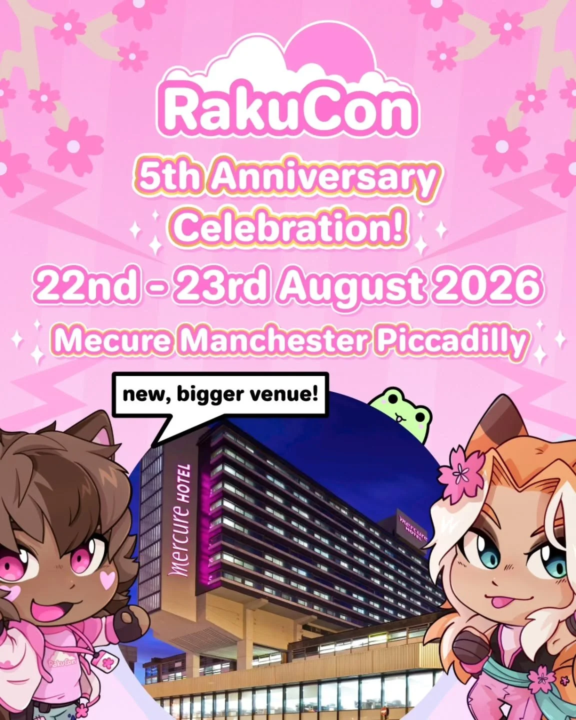 🌸 ARE YOU RAKU READY?! 🌸 RakuCon Manchester returns next year 22nd - 23rd August 2026! Taking place at a new, bigger venue! 🩷 The Mercure Manchester Piccadilly Hotel! 🥳 Early bird discounted tickets will go live in January! 🎟️ Don't miss out on 
