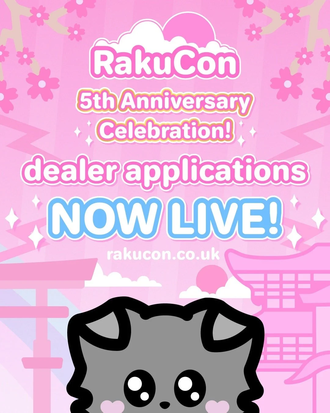 ✨🌸 Dealer applications for RakuCon 2026 are now LIVE! 🌸✨

You can find the application form as well as detailed information on table sizes and prices on our website!

Applications will be open for 2 weeks, closing on Tuesday 10th February 🩷 we wil