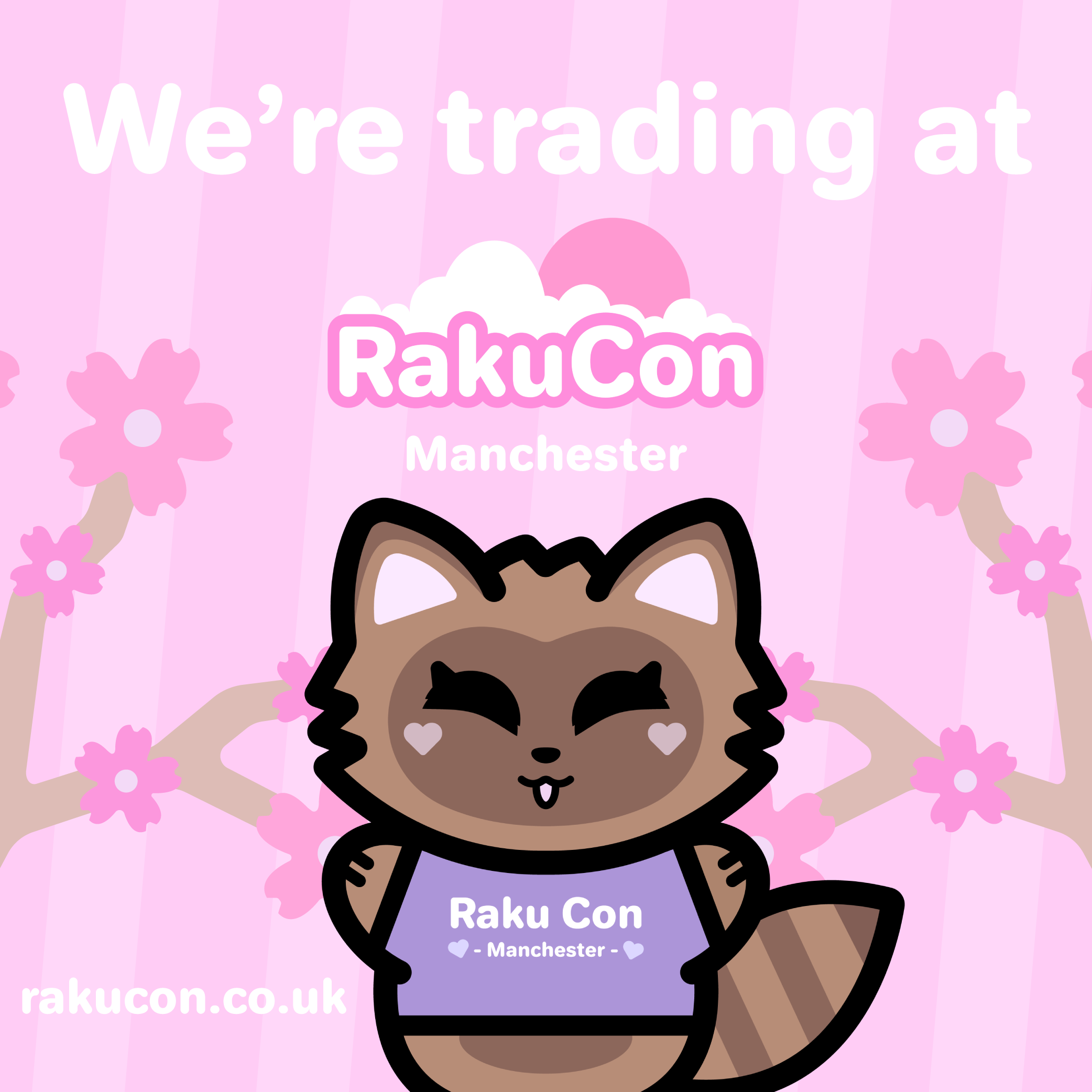Pink promotional image with cartoon raccoon wearing a purple shirt with the text 'Raku Con Manchester', featuring cherry blossom trees, advertising a trading event at Raku Con Manchester.