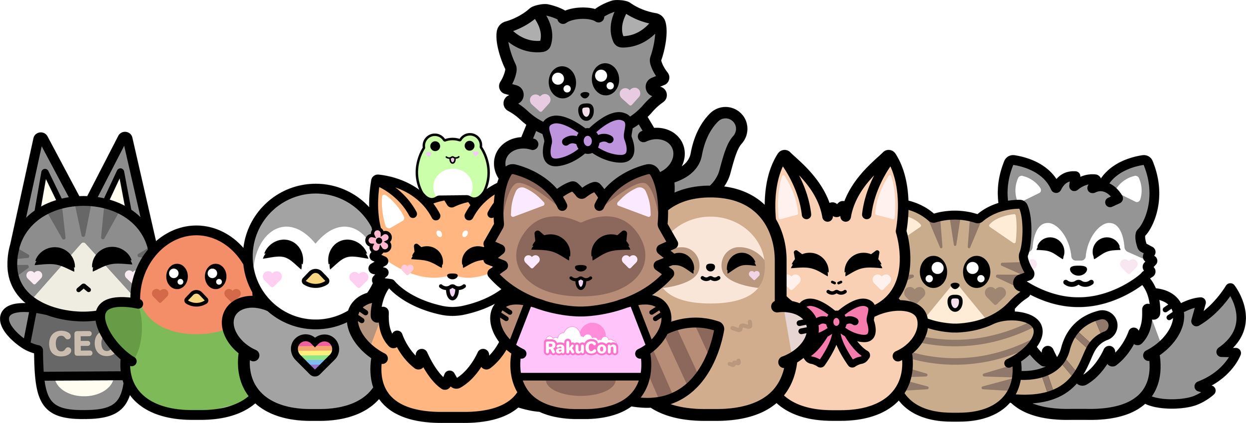 Collection of cute cartoon cats and dogs with wide smiles, some with hearts on their cheeks, wearing bows, one with a rainbow heart, and a small green creature, all set against a black background.
