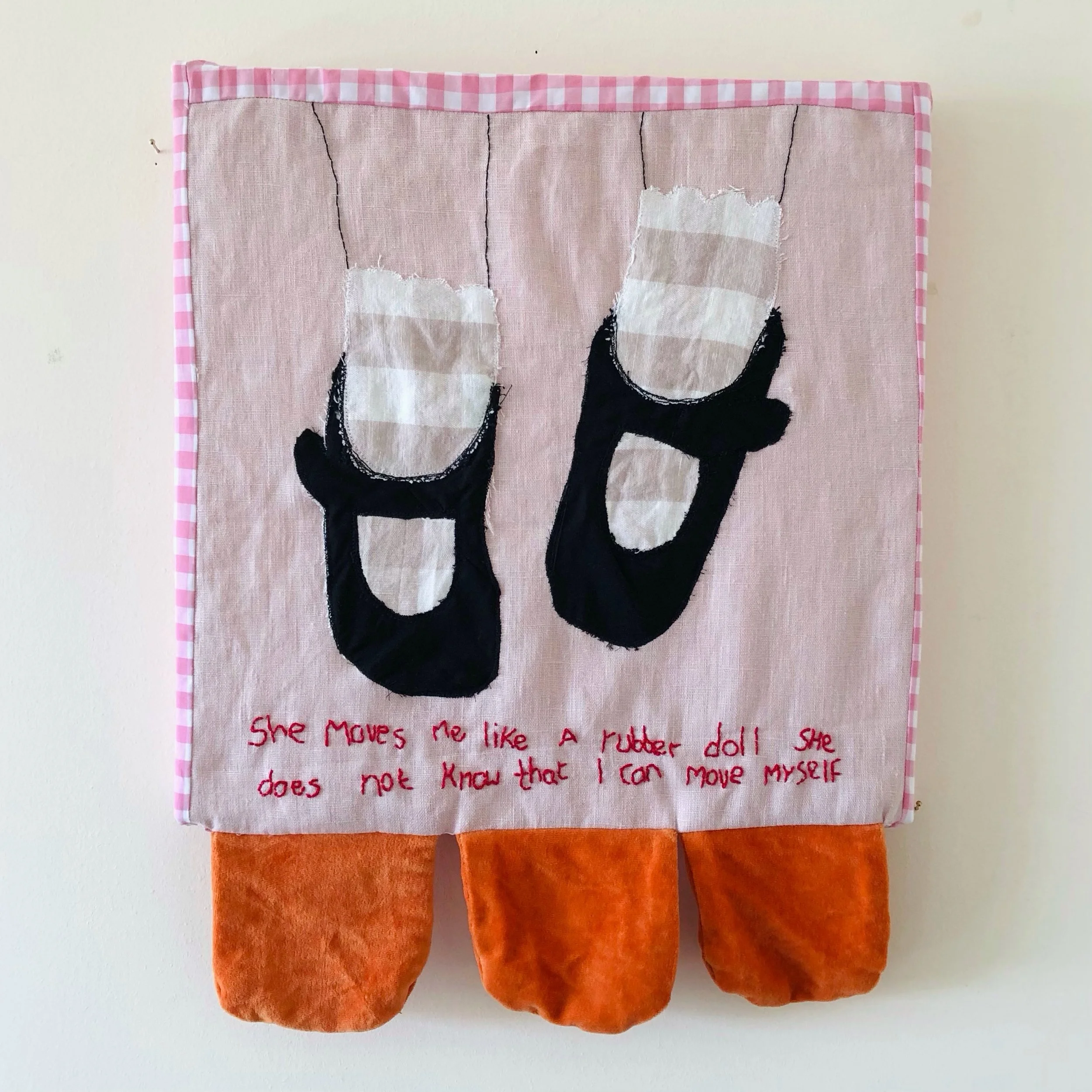 Rubber Doll. 40cm x 40cm Cotton  
For further information and availability please email: kellyconnorartist@gmail.com